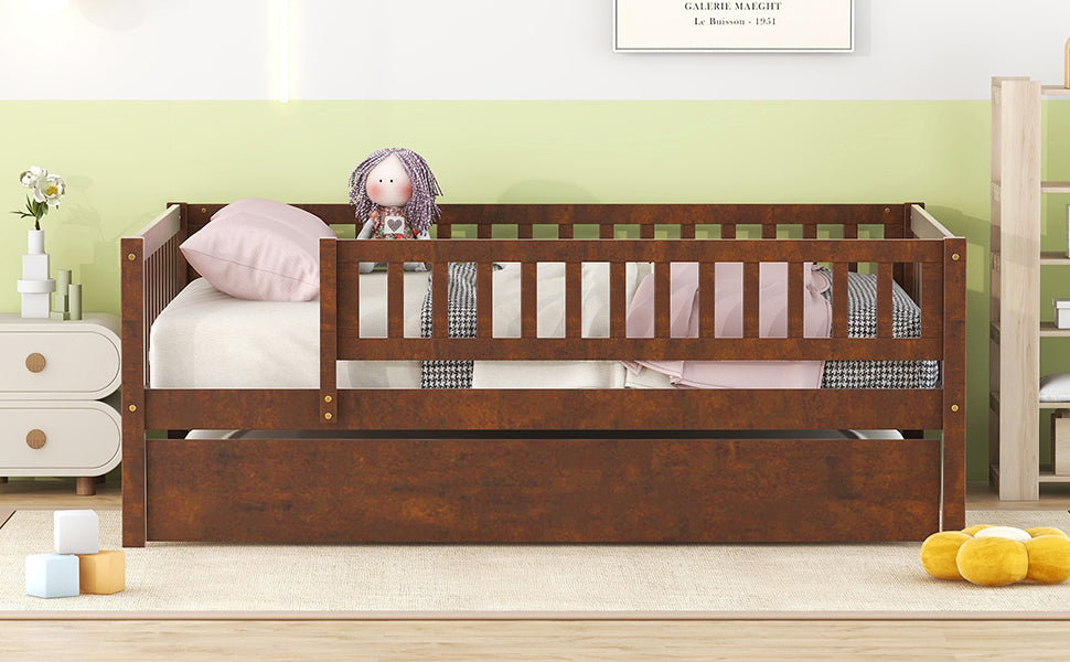 Full Size Wood Daybed with Trundle and Fence Guardrails, Walnut - Atlantic Fine Furniture Melbourne FL