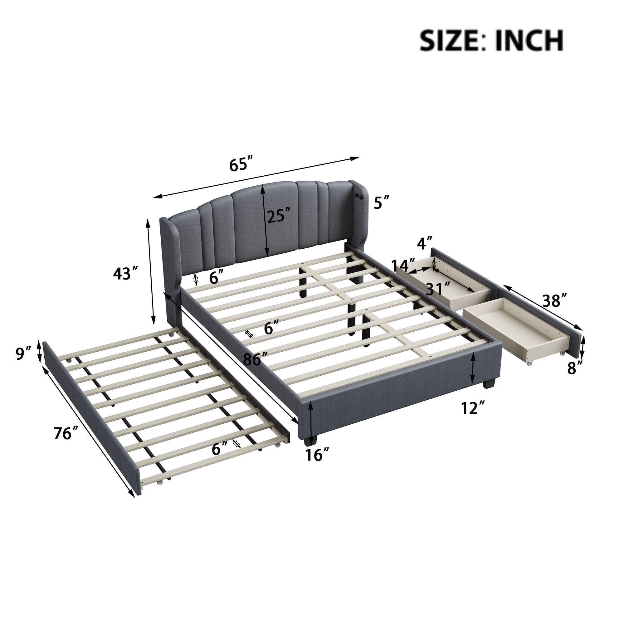 Upholstered Platform Bed with Wingback Headboard, One Twin Trundle and 2 Drawers, No Box Spring Needed, Linen Fabric, Queen Size Gray - Atlantic Fine Furniture Melbourne FL