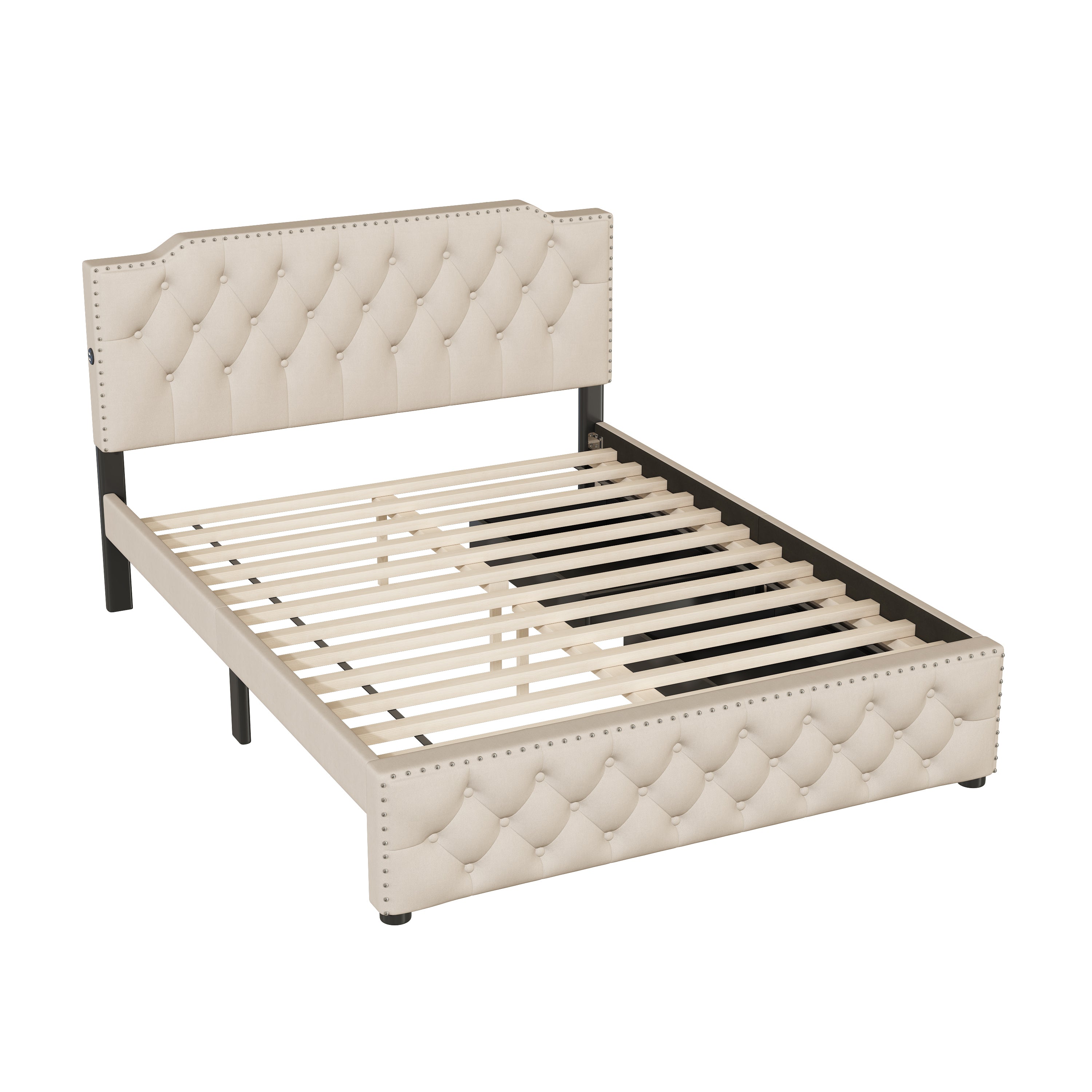 Queen Size Upholstered Platform Bed with 2 Drawers and 2 sets of USB Ports on each side, Linen Fabric, Beige - Atlantic Fine Furniture Melbourne FL