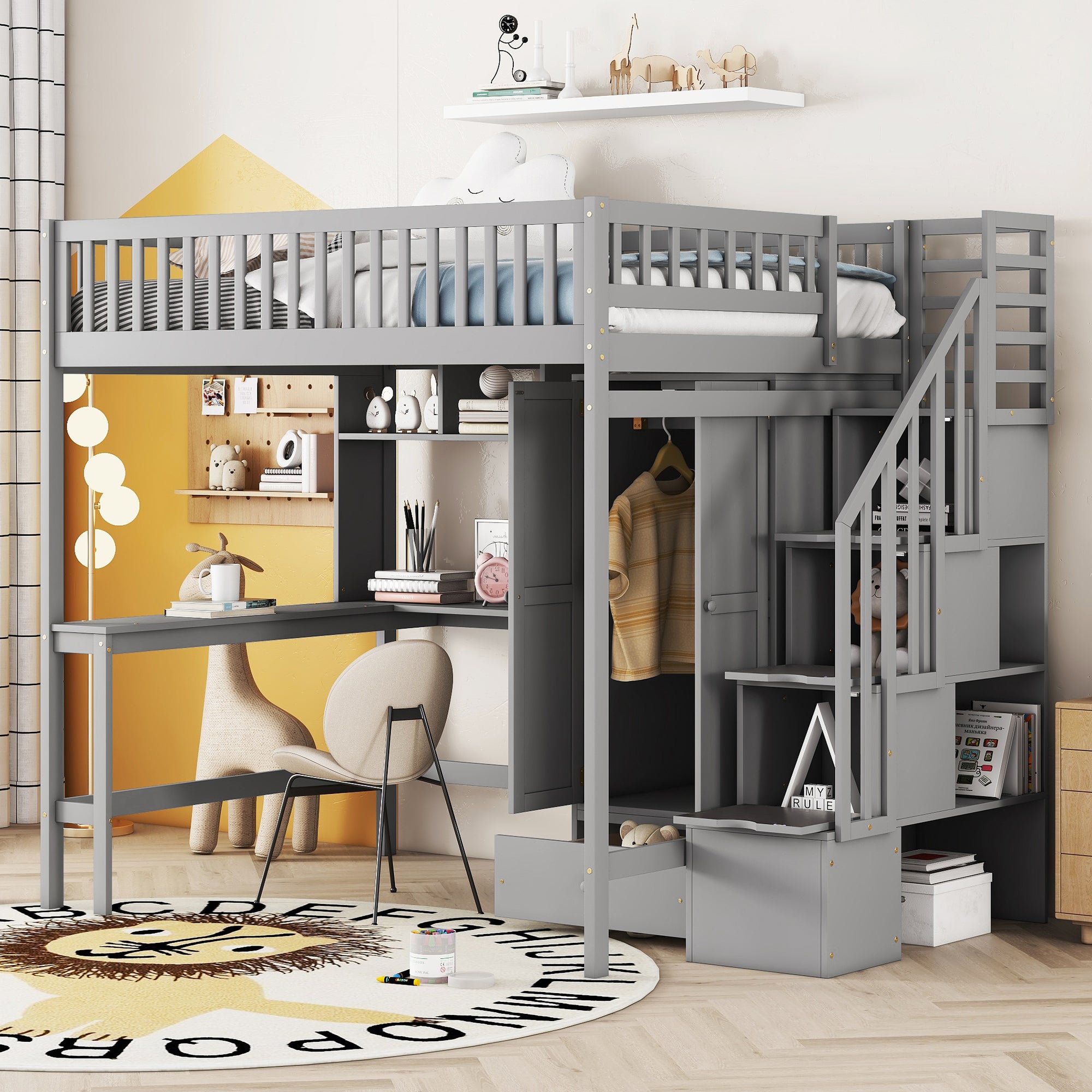 Full size Loft Bed with Bookshelf,Drawers,Desk,and Wardrobe-Gray - Atlantic Fine Furniture Melbourne FL