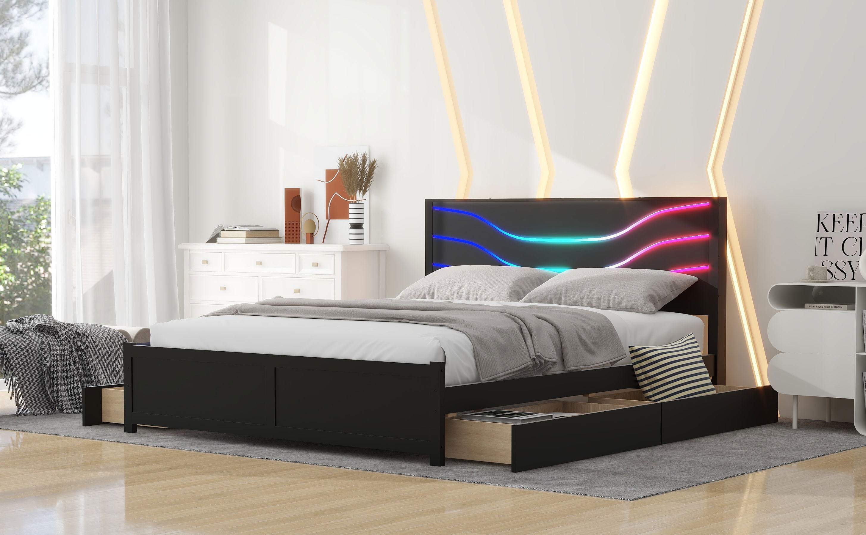 Queen Size Wood Storage Platform Bed with LED and 4 Drawers, Black - Atlantic Fine Furniture Melbourne FL