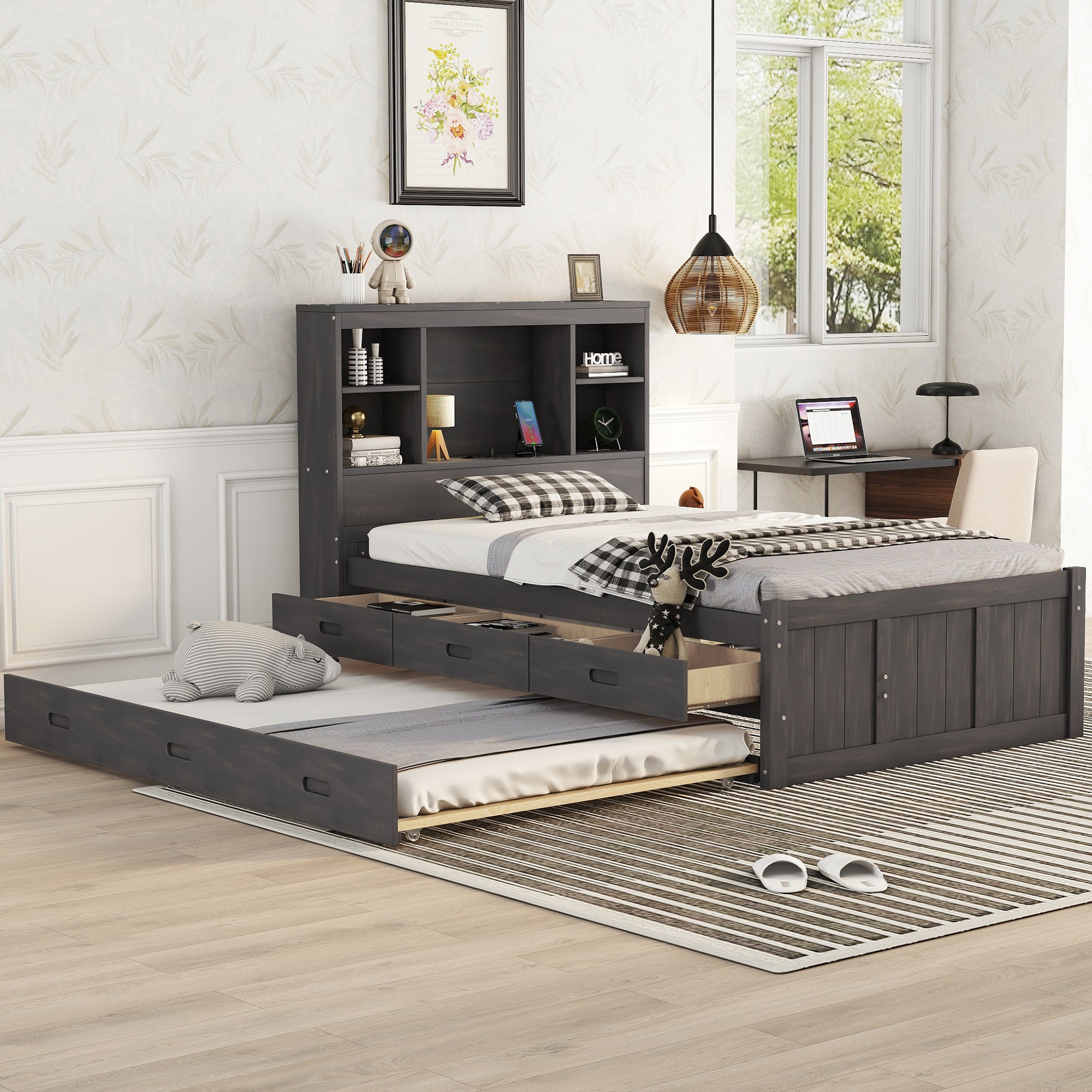 Twin Size Platform Bed with Storage Headboard, Charging Station, Twin Size Trundle and 3 Drawers, Antique Brown - Atlantic Fine Furniture Melbourne FL