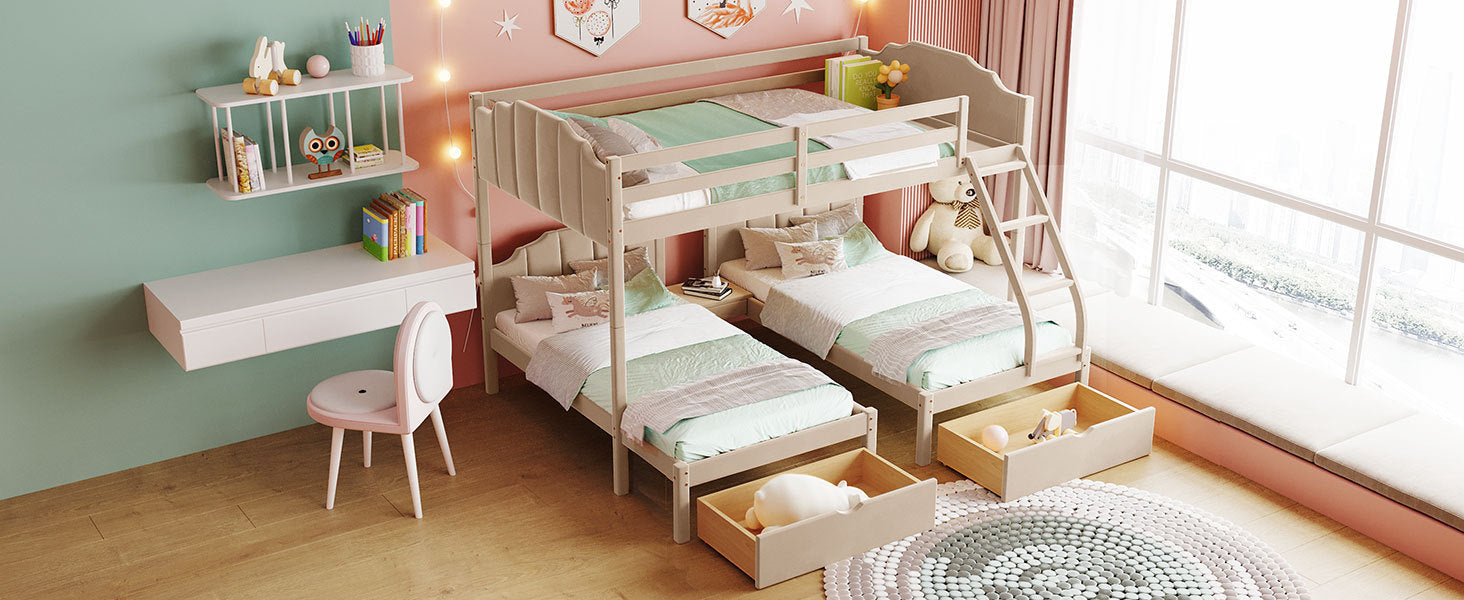 Full Over Twin & Twin Bunk Bed, Velvet Triple Bunk Bed with Drawers and Guardrails, Beige - Atlantic Fine Furniture Melbourne FL