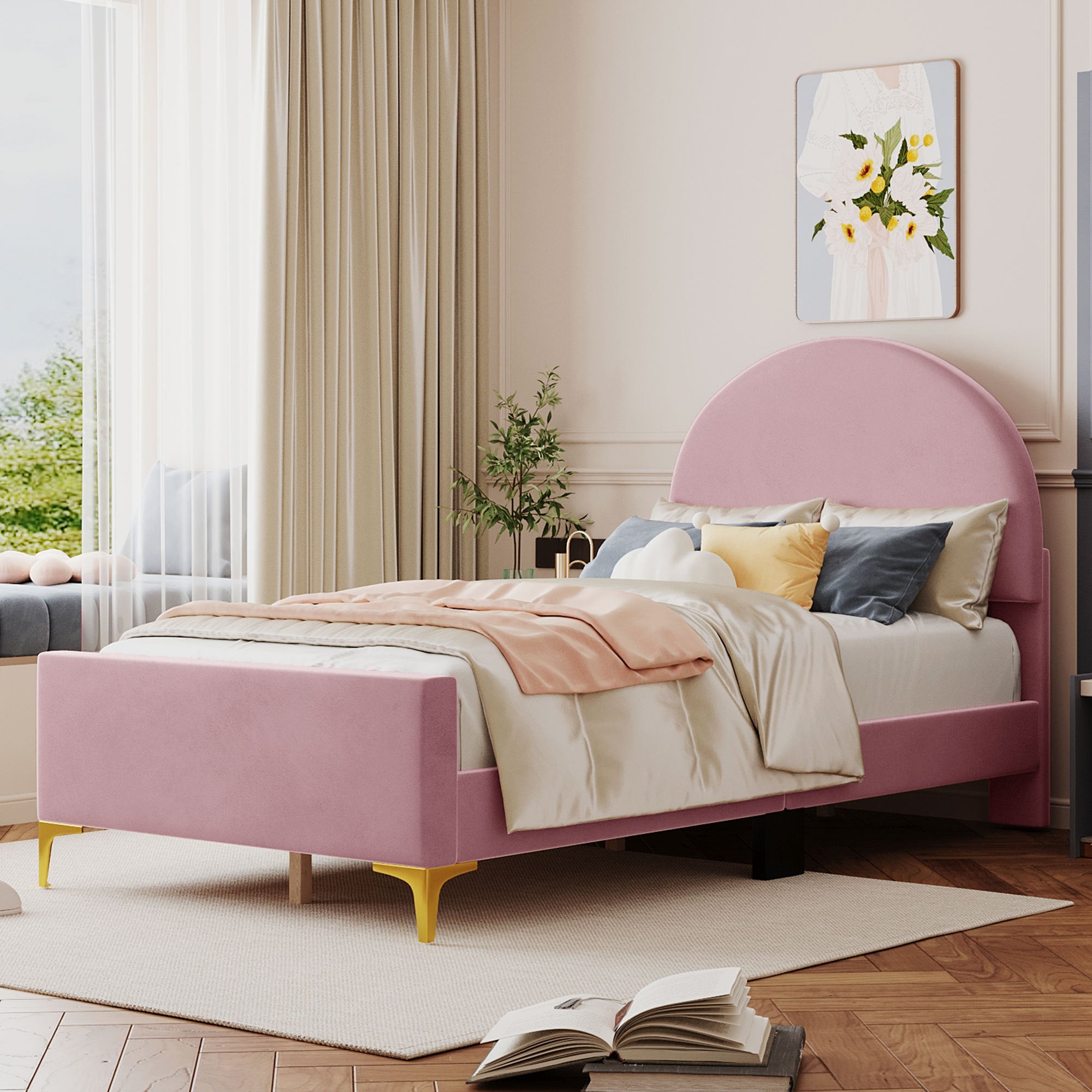 Twin Size Upholstered Platform Bed with Classic Semi-circle Shaped headboard and Mental Legs, Velvet, Pink - Atlantic Fine Furniture Melbourne FL