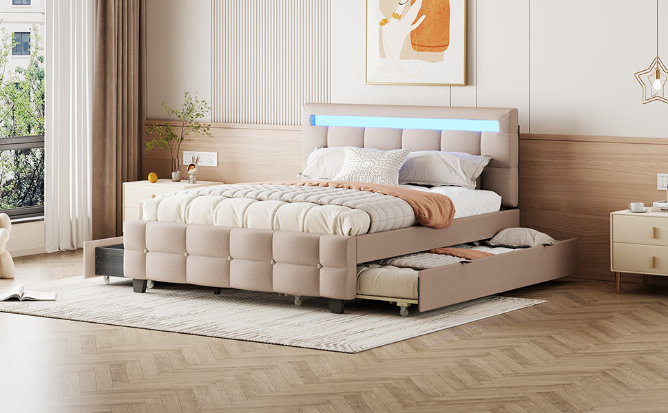 Queen Size Upholstered Platform Bed with LED Frame, with Twin XL Size Trundle and 2 drawers, Linen Fabric, Beige - Atlantic Fine Furniture Melbourne FL