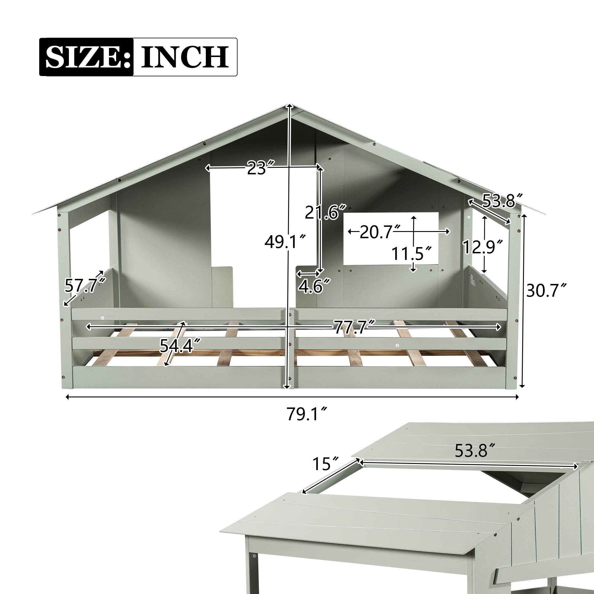 Wood Full Size House Bed with Roof, Window and Guardrail, Light Green - Atlantic Fine Furniture Melbourne FL