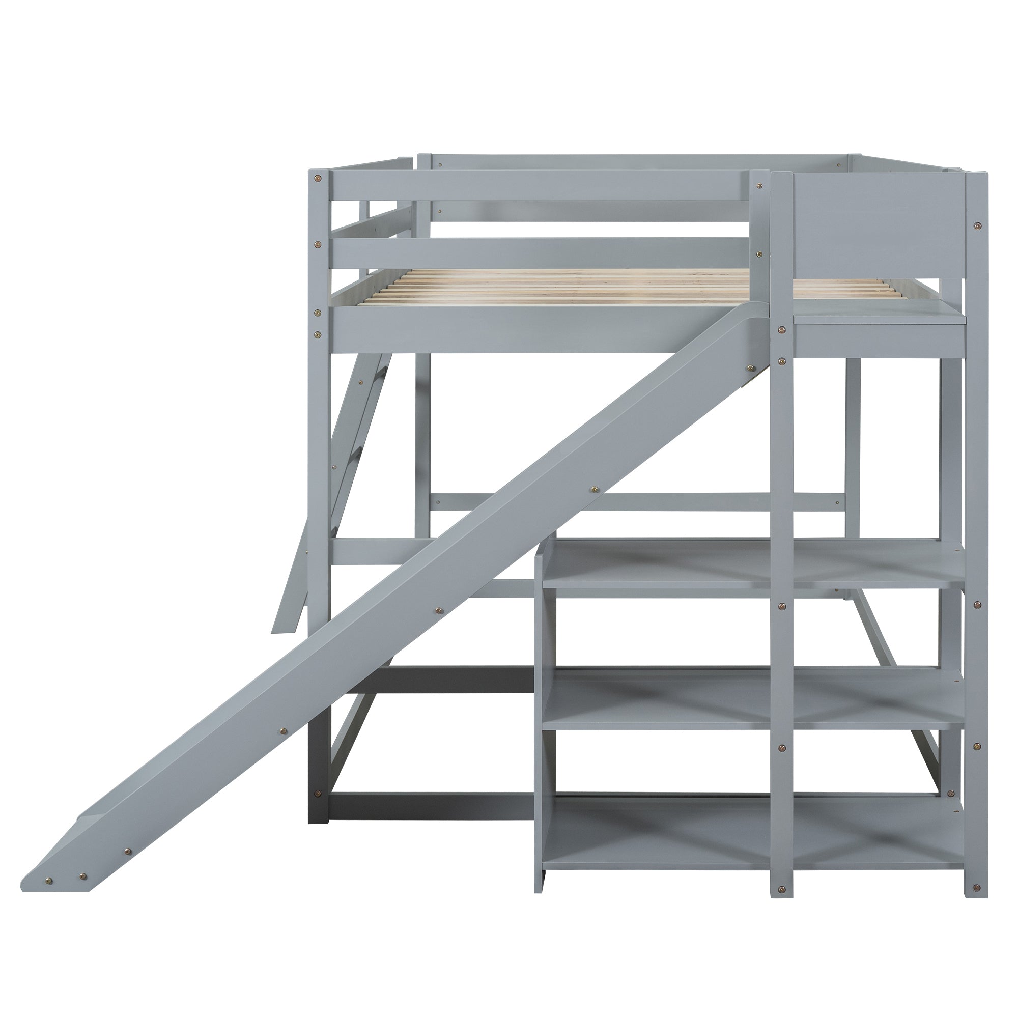 Full over Full Bunk Bed with Ladder, Slide and Shelves, Gray - Atlantic Fine Furniture Melbourne FL