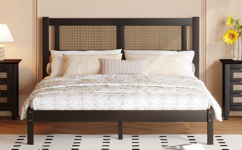 Queen Size Wooden Platform Bed with Natural Rattan Headboard, Exquisite Elegance with Minimalist Charm for Bedroom, Black - Atlantic Fine Furniture Melbourne FL