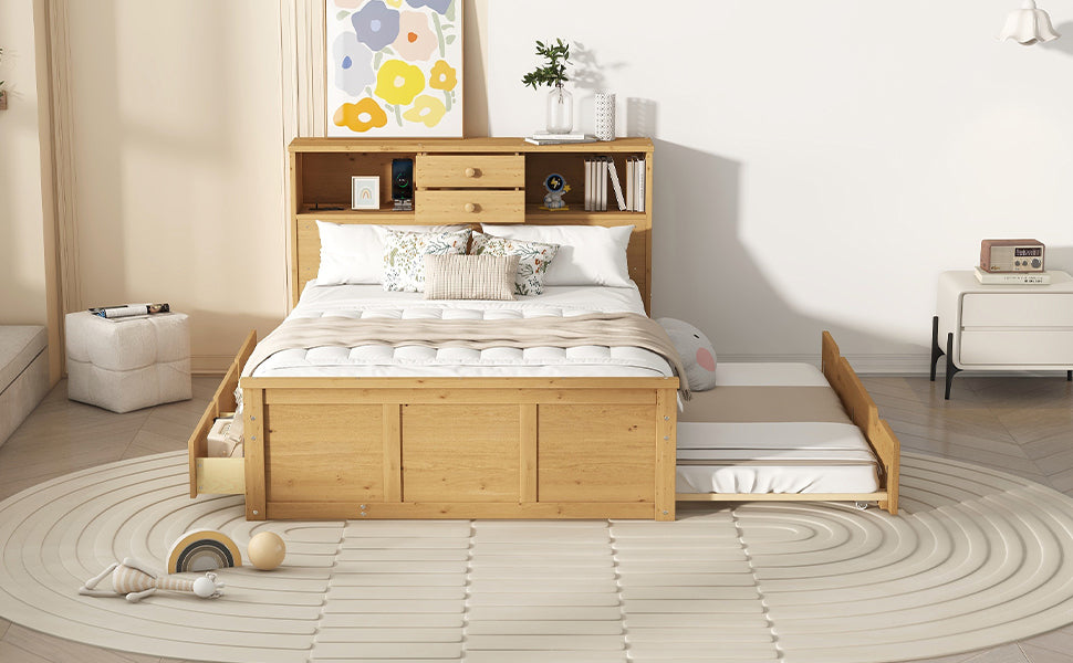 Full Size Wood Pltaform Bed with Twin Size Trundle, 3 Drawers, Upper Shelves and a set of USB Ports & Sockets, Natural - Atlantic Fine Furniture Melbourne FL