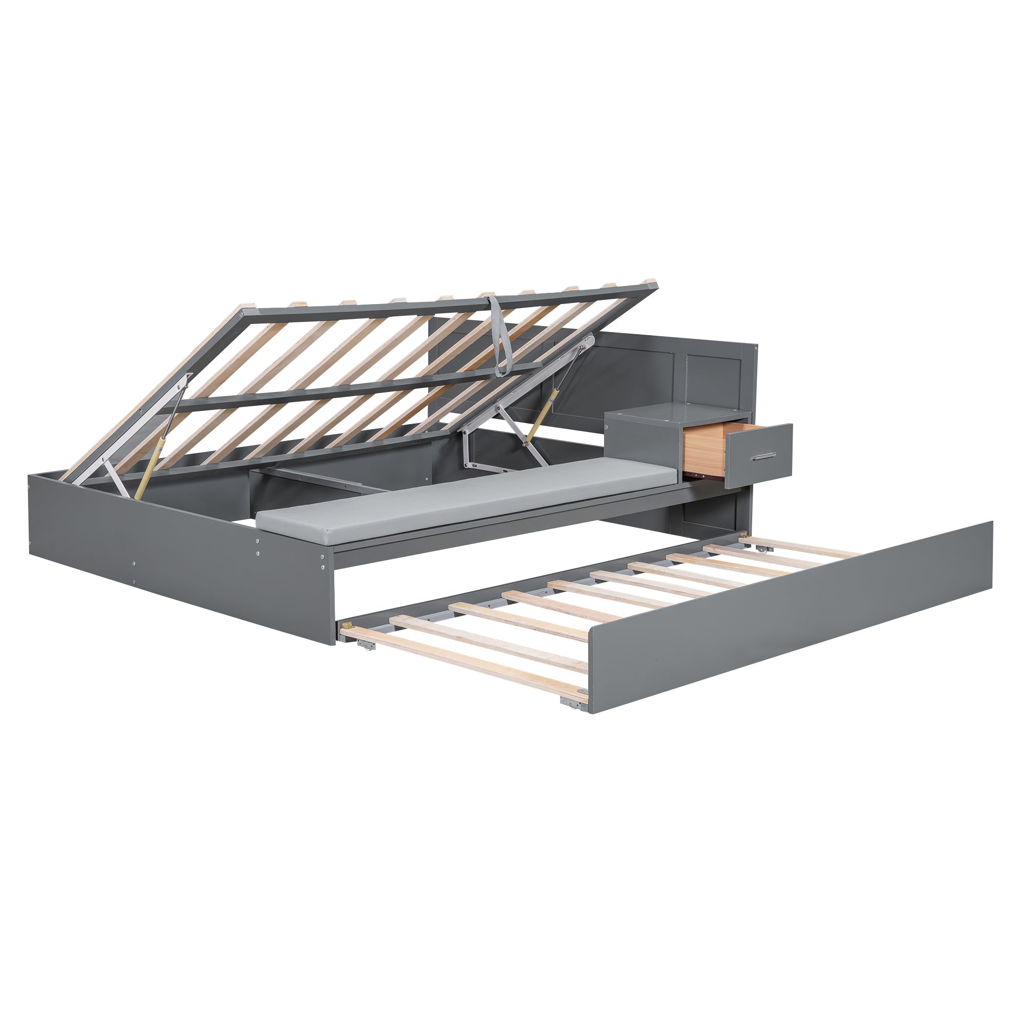 Full Size Wood Storage Hydraulic Platform Bed with Twin Size Trundle, Side Table and Lounge, Gray - Atlantic Fine Furniture Melbourne FL