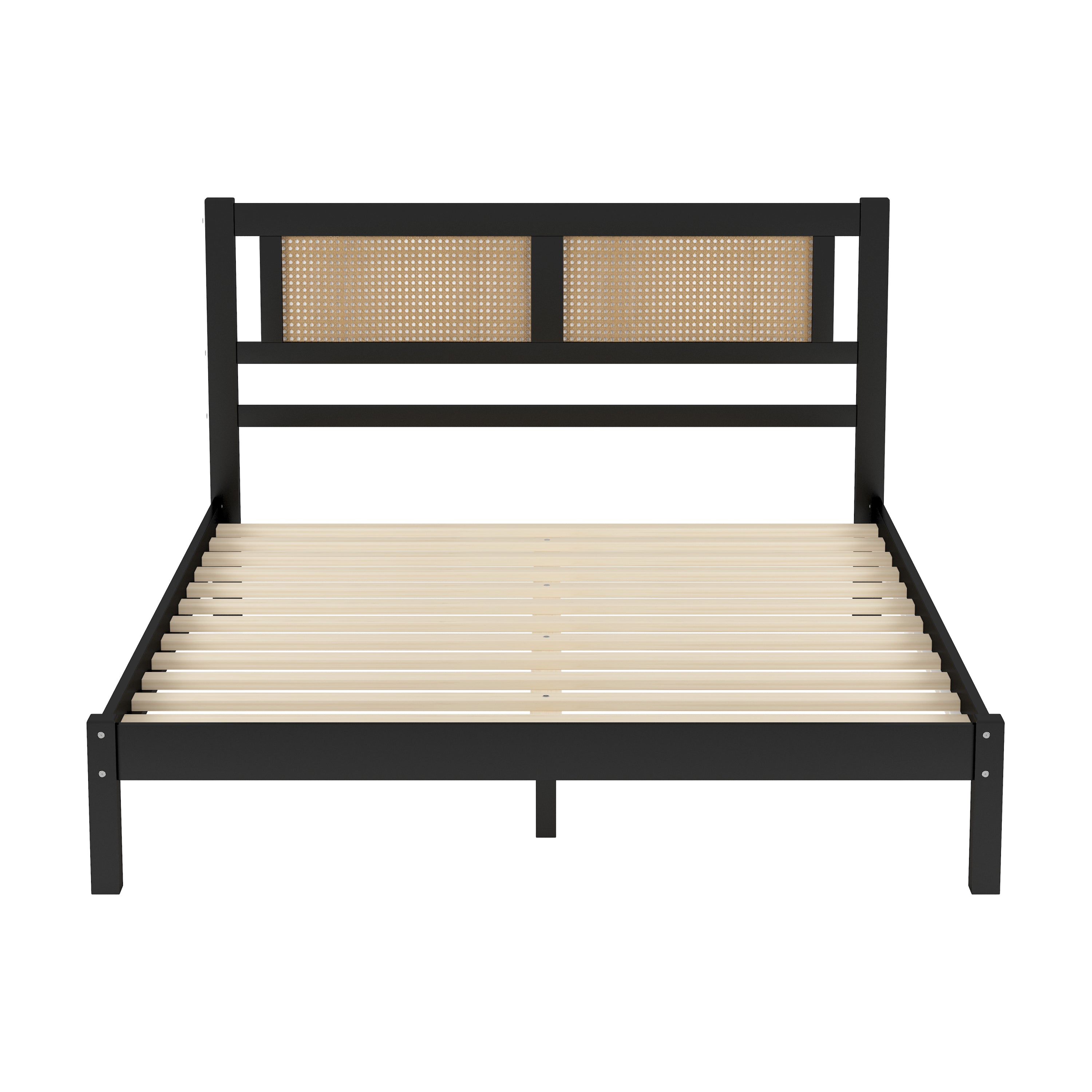 Queen Size Wooden Platform Bed with Natural Rattan Headboard, Exquisite Elegance with Minimalist Charm for Bedroom, Black - Atlantic Fine Furniture Melbourne FL