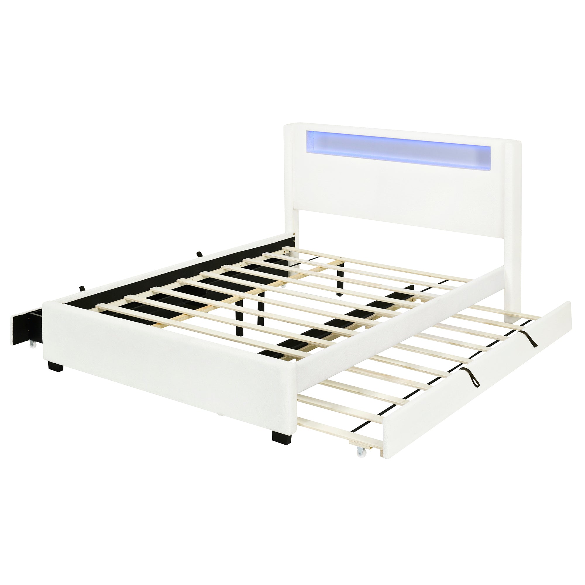 Queen Size Upholstered Platform Bed with LED Frame, with Twin XL Size Trundle and 2 drawers, Teddy Fleece, White - Atlantic Fine Furniture Melbourne FL