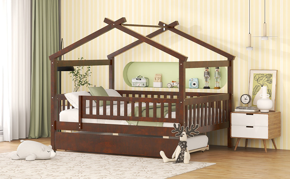 Full Size Wooden House Bed with Twin Size Trundle, Walnut - Atlantic Fine Furniture Melbourne FL