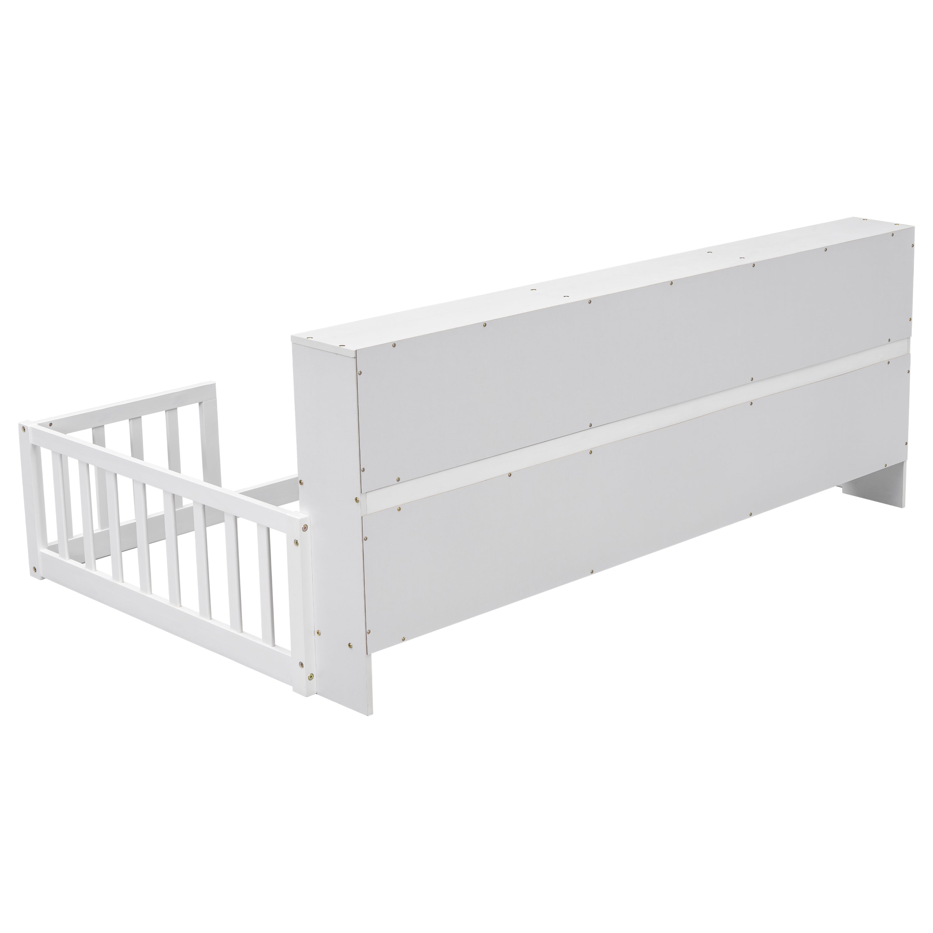Twin Floor Bed with Bedside Bookcase,Shelves,Guardrails,White