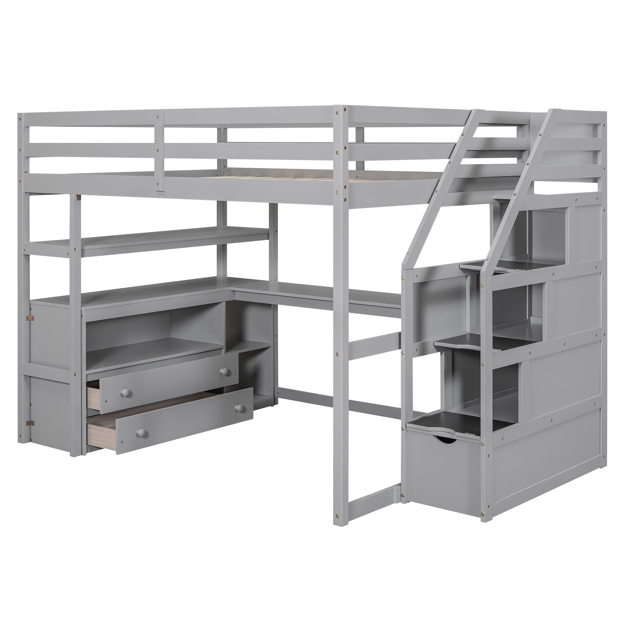 Full Size Loft Bed with Desk and Shelves, Two Built-in Drawers, Storage Staircase, Gray - Atlantic Fine Furniture Melbourne FL