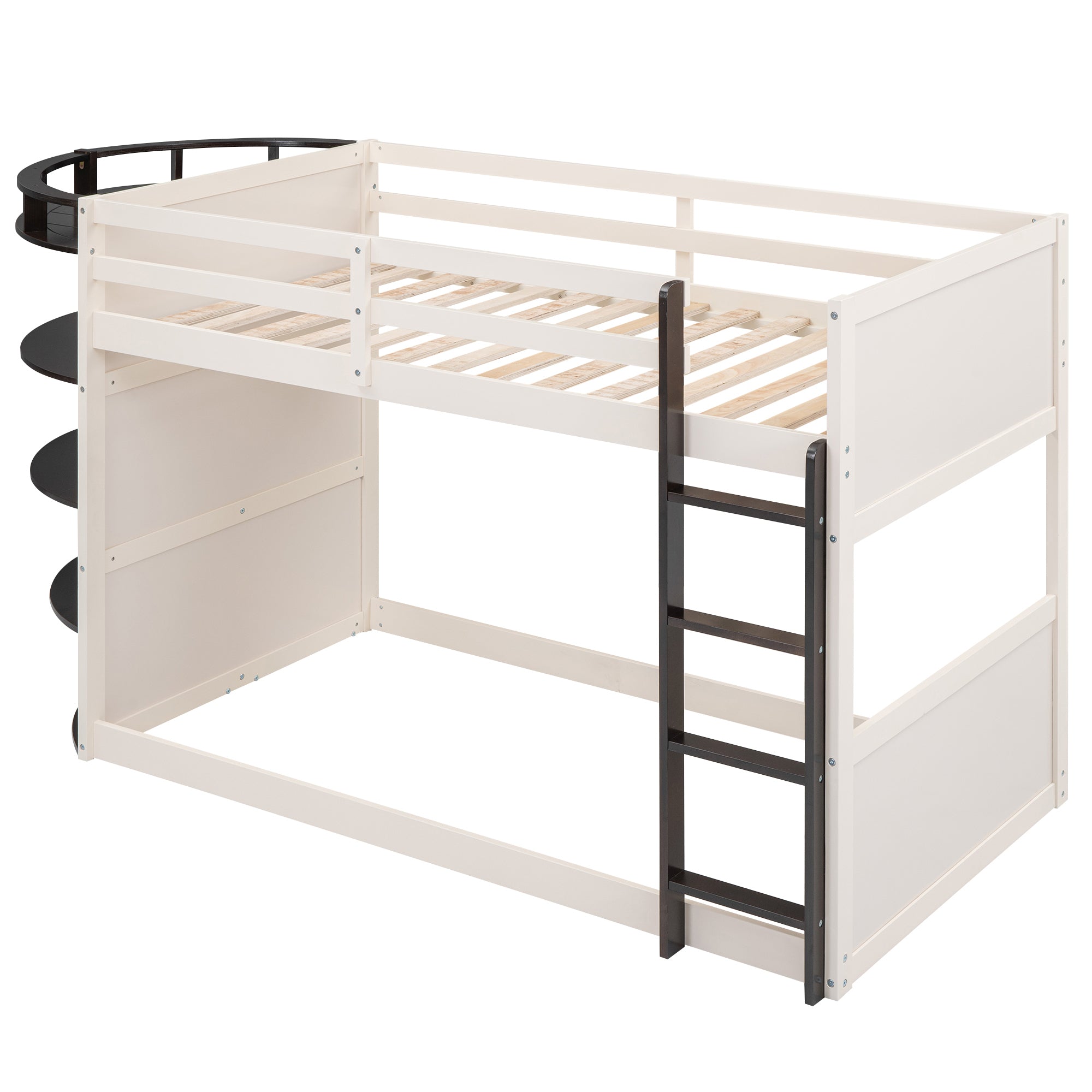 Twin over Twin Boat-Like Shape Bunk Bed with Storage Shelves, Cream+Espresso - Atlantic Fine Furniture Melbourne FL