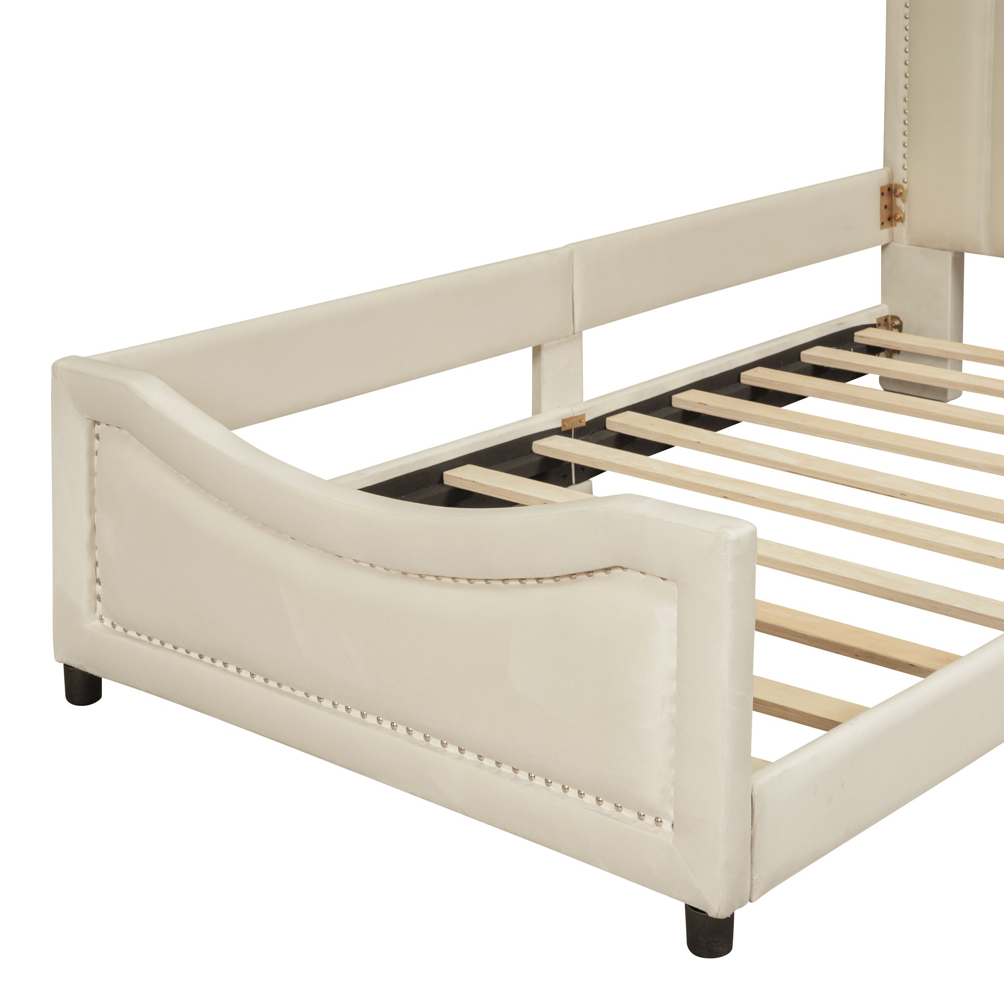 Twin Size Upholstered Daybed with Classic Stripe Shaped Headboard, Beige - Atlantic Fine Furniture Melbourne FL