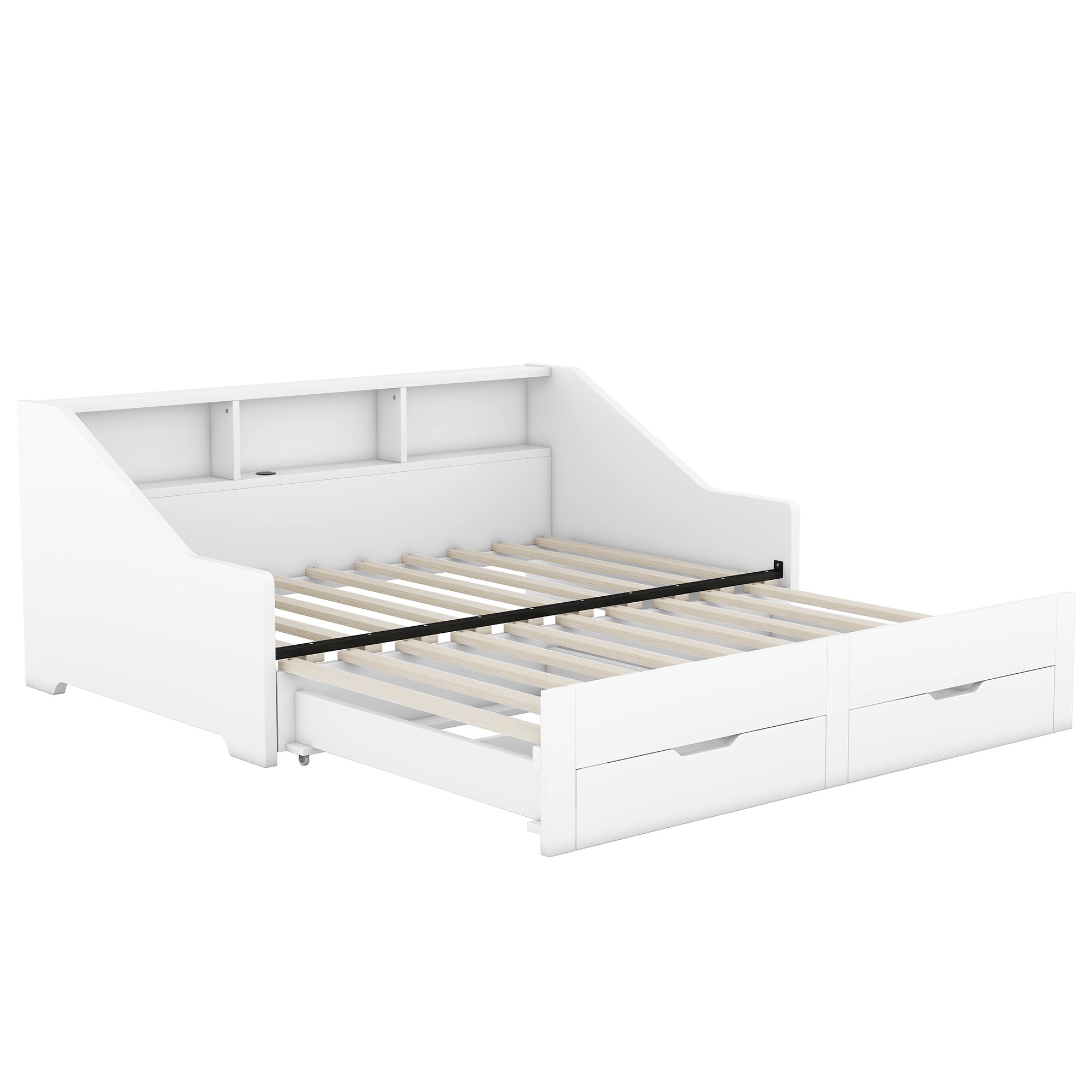 Twin to King Size Daybed Frame with Storage Bookcases and Two Drawers,Charging Design,White - Atlantic Fine Furniture Melbourne FL