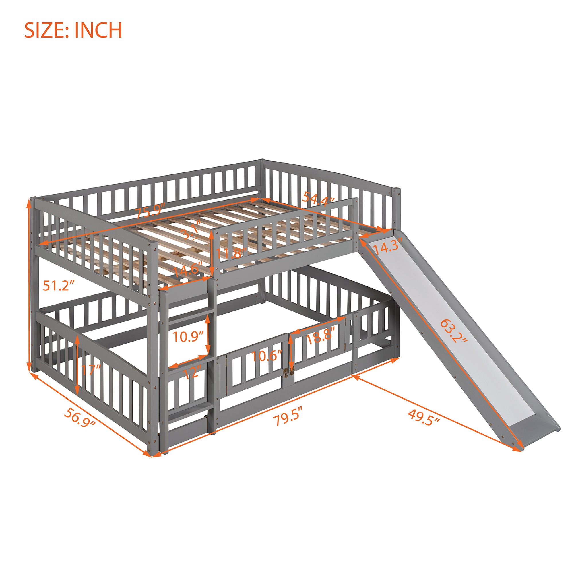 Bunk Bed with Slide,Full Over Full Low Bunk Bed with Fence and Ladder for Toddler Kids Teens Gray - Atlantic Fine Furniture Melbourne FL