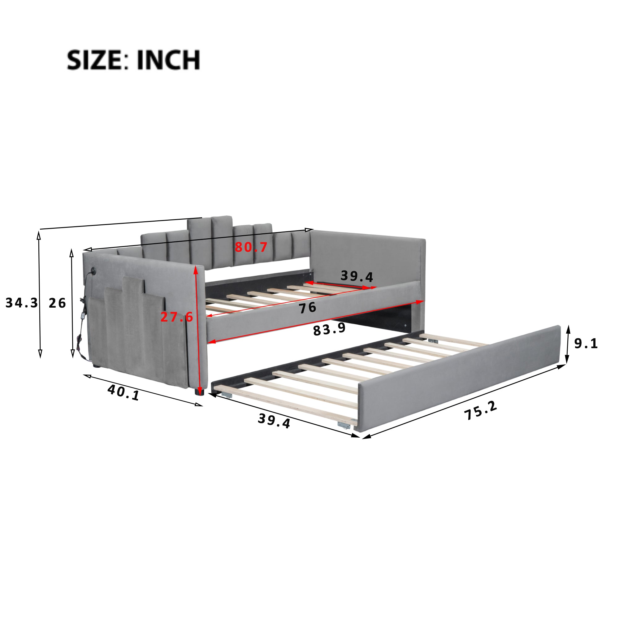 Twin Size Upholstered Daybed with Light and USB Port, Gray - Atlantic Fine Furniture Melbourne FL