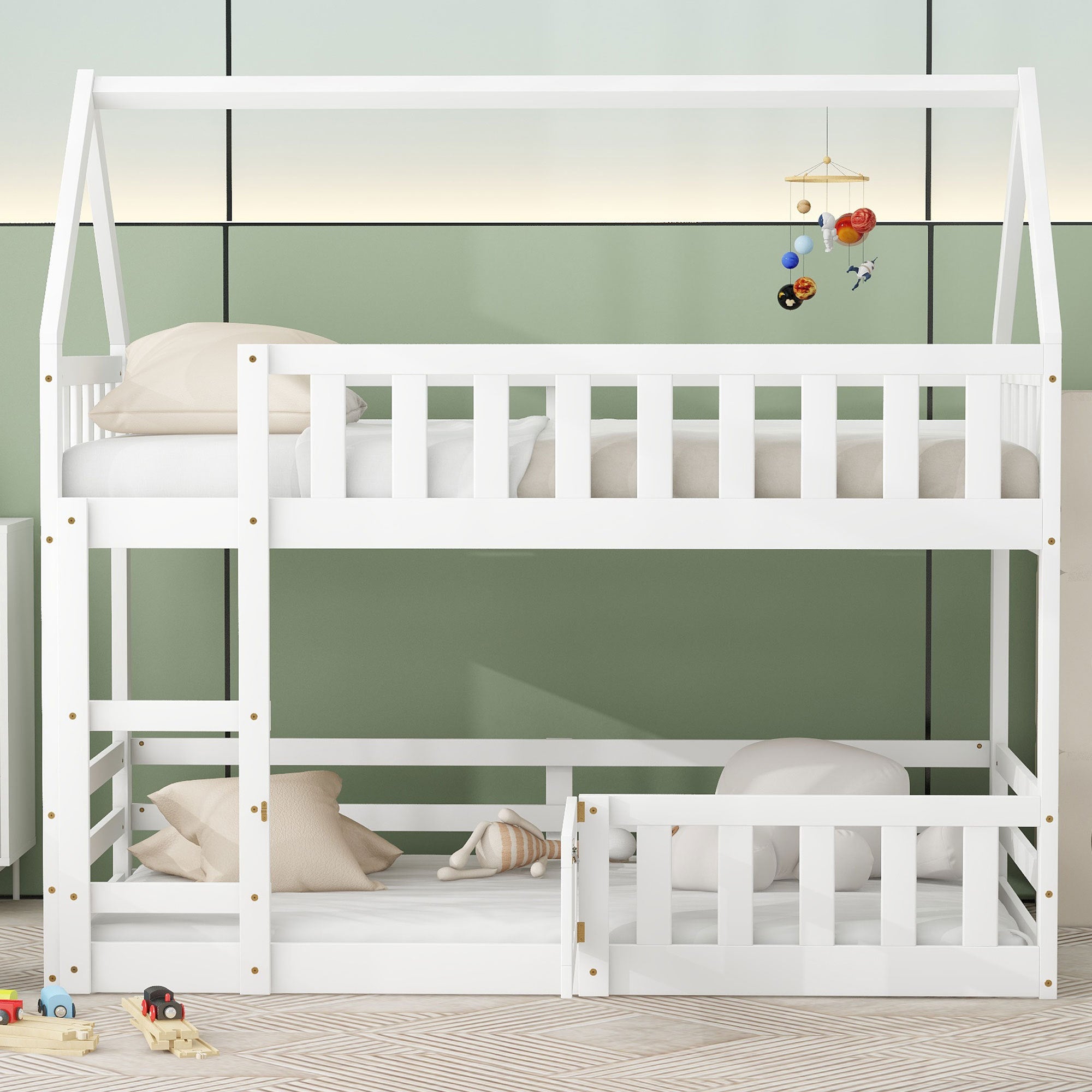 Twin over Twin House Bunk Bed with Fence and Door, White - Atlantic Fine Furniture Melbourne FL