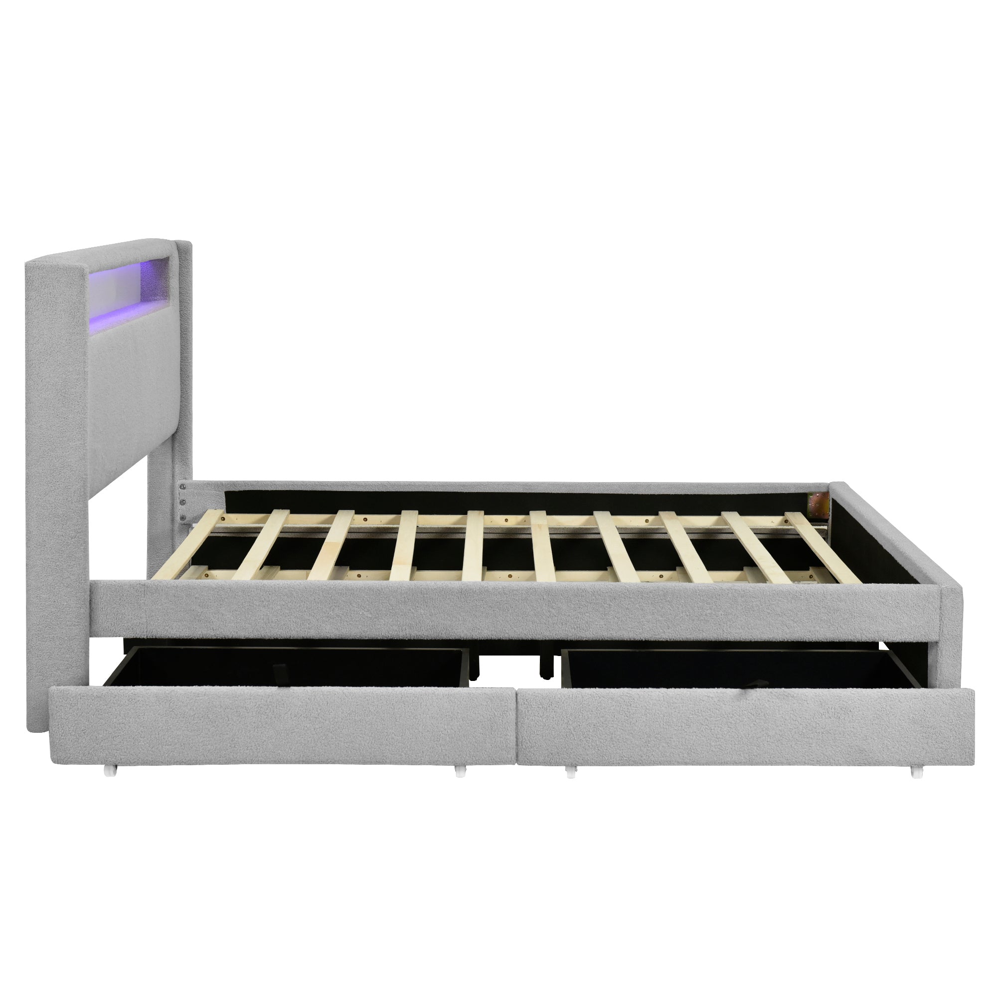 Full Size Upholstered Platform Bed with LED Frame, with Twin Size Trundle and 2 drawers, Teddy Fleece, Gray