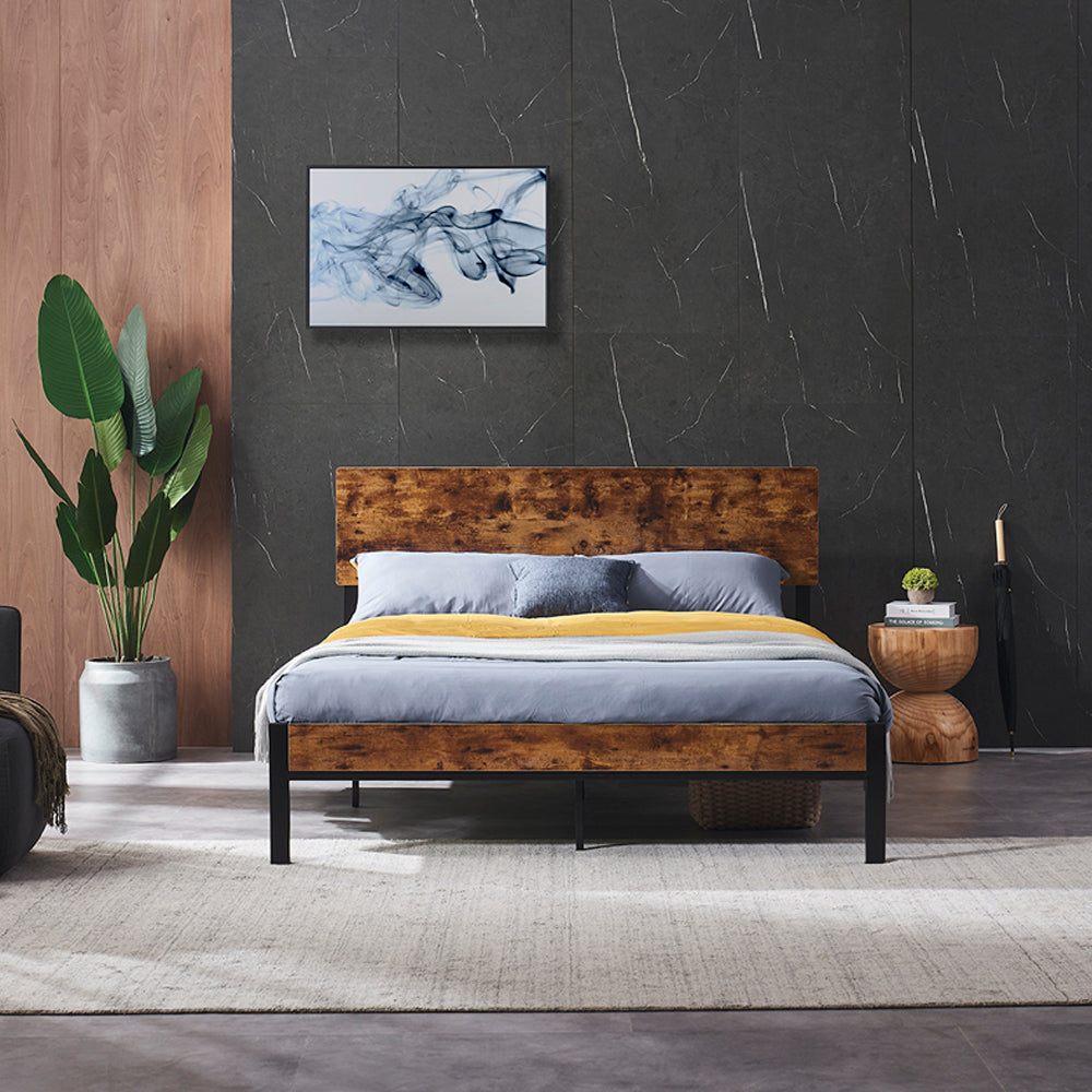Queen Size Metal Platform Bed Frame with Wooden Headboard and Footboard, No Box Spring Needed, Large Under Bed Storage, Easy Assemble - Atlantic Fine Furniture Melbourne FL