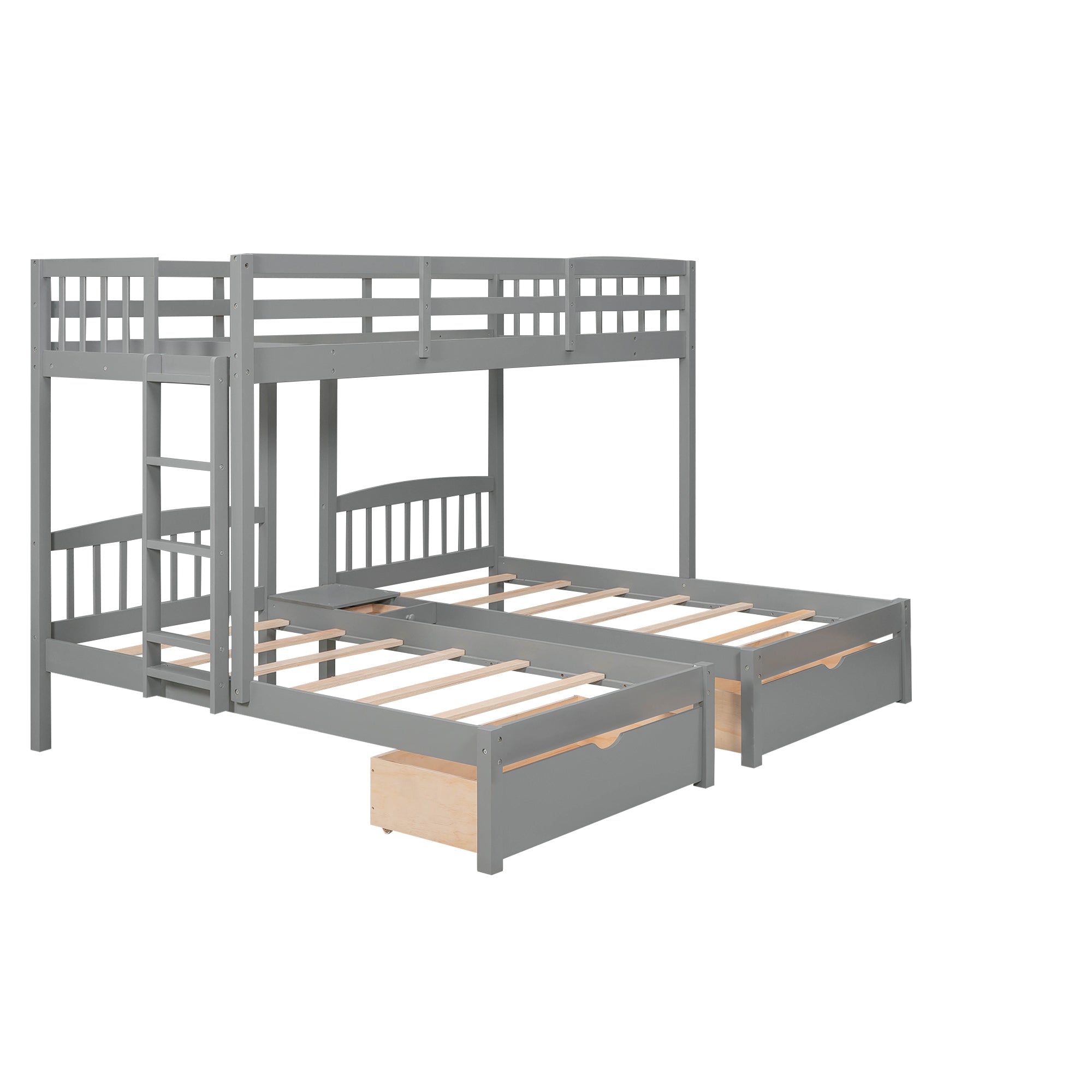 Twin over Twin & Twin Bunk Bed with Two Drawers and Built-in Middle Drawer, Gray - Atlantic Fine Furniture Melbourne FL