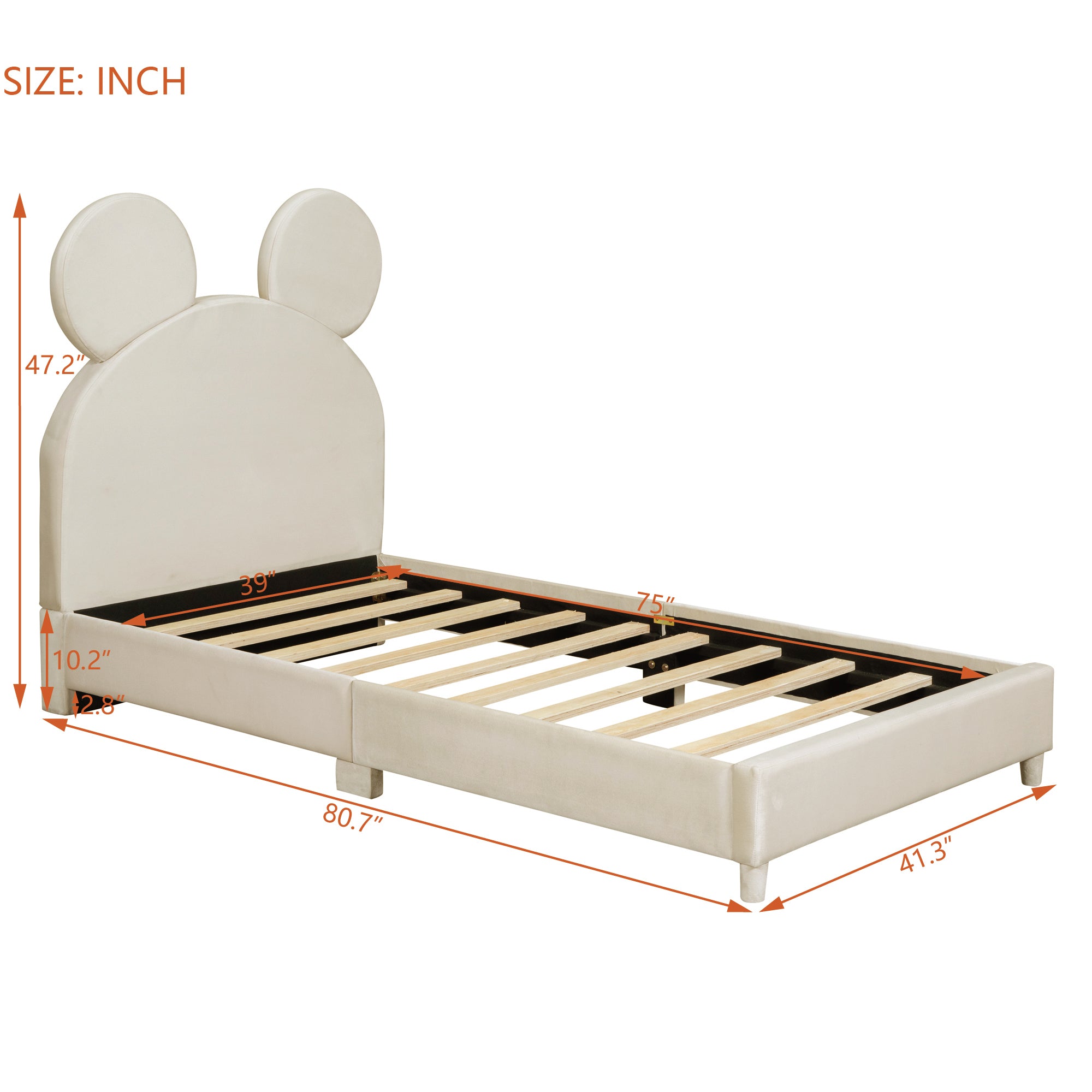 Twin Size Upholstered Platform Bed with Bear Ear Shaped Headboard, Beige - Atlantic Fine Furniture Melbourne FL