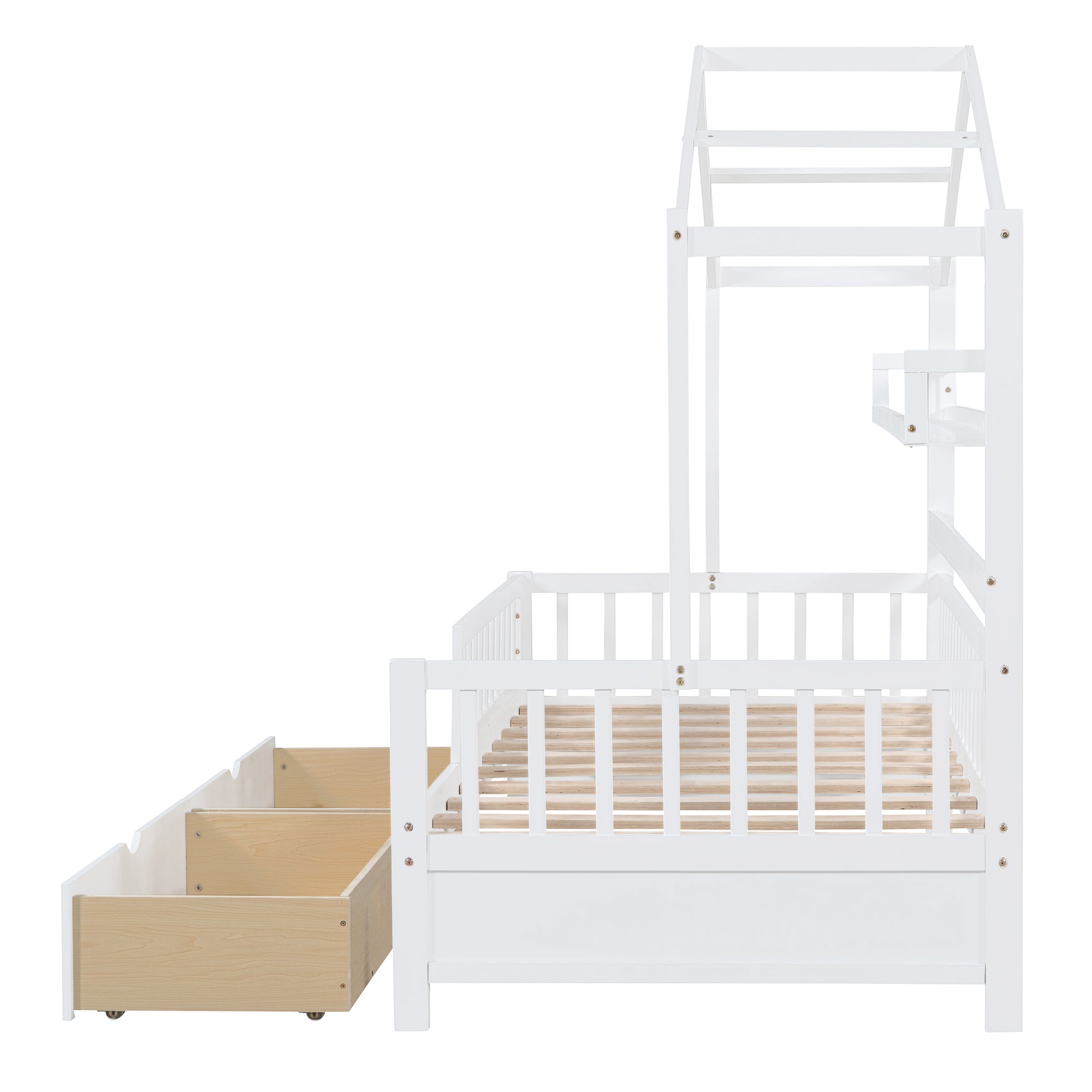 Wooden Twin Size House Bed with 2 Drawers,Kids Bed with Storage Shelf, White - Atlantic Fine Furniture Melbourne FL