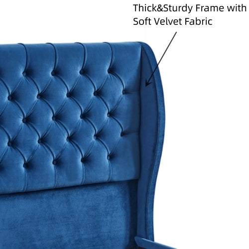 King Size Platform Bed Frame, Velvet Upholstered Sleigh Bed with Scroll Wingback Headboard & Footboard/Button Tufted/No Box Spring Required/Easy Assembly/Blue