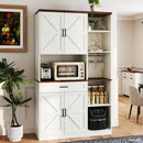 Farmhouse Kitchen Pantry Sideboard With Cabinet And Drawer, Multi Functional Kitchen Buffet With Hutch And Glass Holder, Microwave Stand With Charging Station - Brown / Antique White