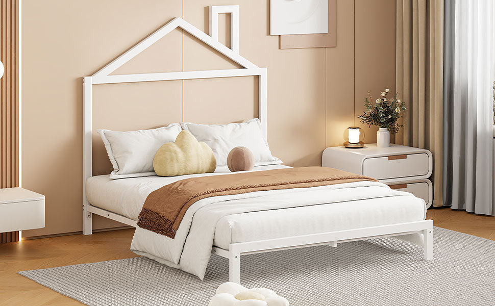 Full Size Metal Platform Bed with House-Shaped Headboard Design, White - Atlantic Fine Furniture Melbourne FL