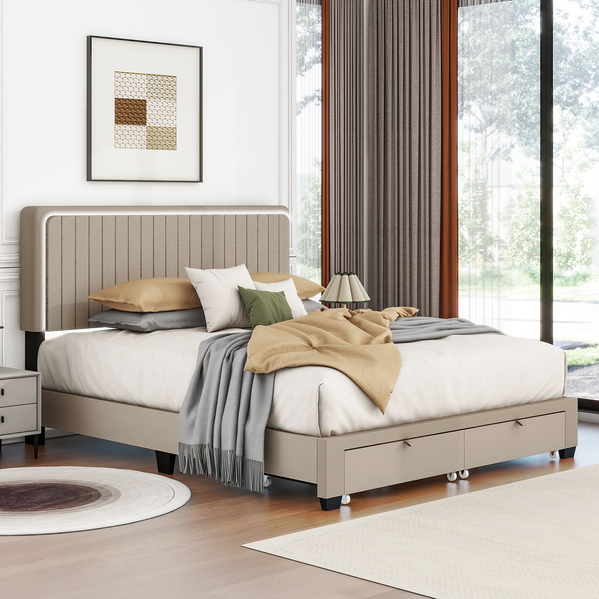 QUEEN SIZE UPHOLSTERED BED WITH ADJUSTABLE HEIGHT / MATTRESS 10 TO 14 INCHES / LED DESIGN WITH FOOTBOARD DRAWERS STORAGE / NO BOX SPRING REQUIRED BEIGE - Atlantic Fine Furniture Melbourne FL
