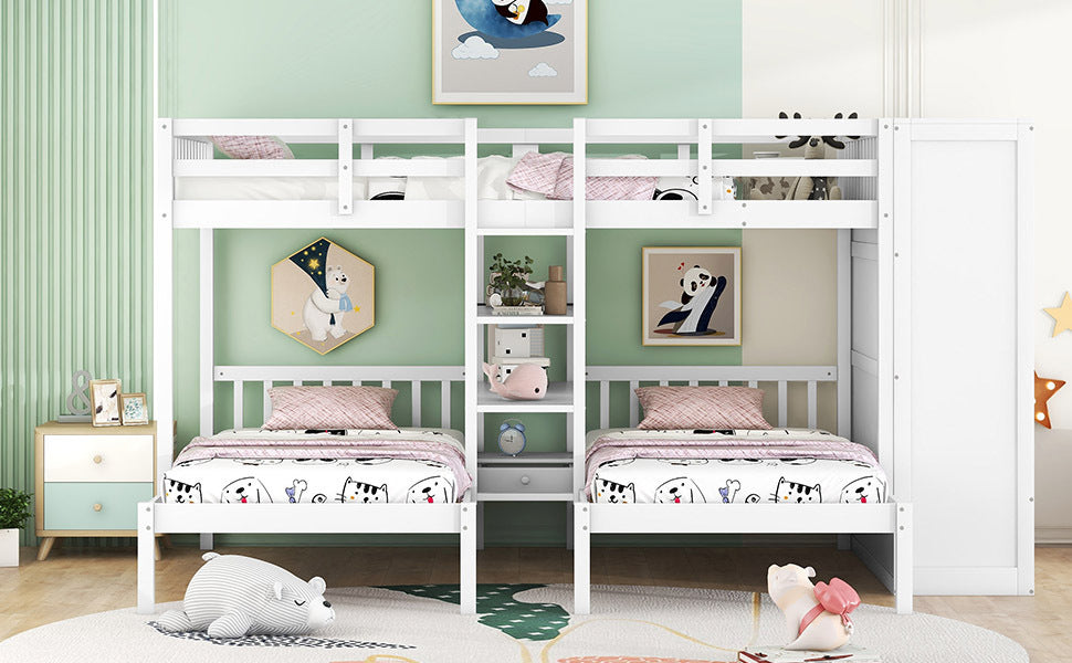Full-Over-Twin-Twin Bunk Bed with Shelves, Wardrobe and Mirror, White - Atlantic Fine Furniture Melbourne FL