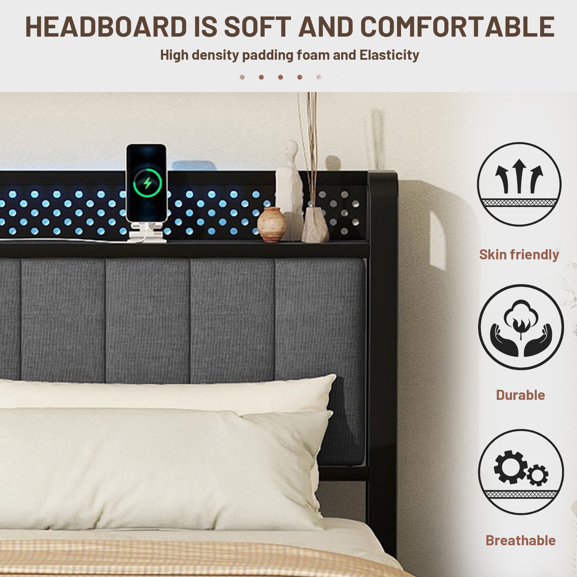 Queen Bed Frame with LED Headboard, Upholstered Bed with 4 Storage Drawers and USB Ports, Dark Grey - Atlantic Fine Furniture Melbourne FL