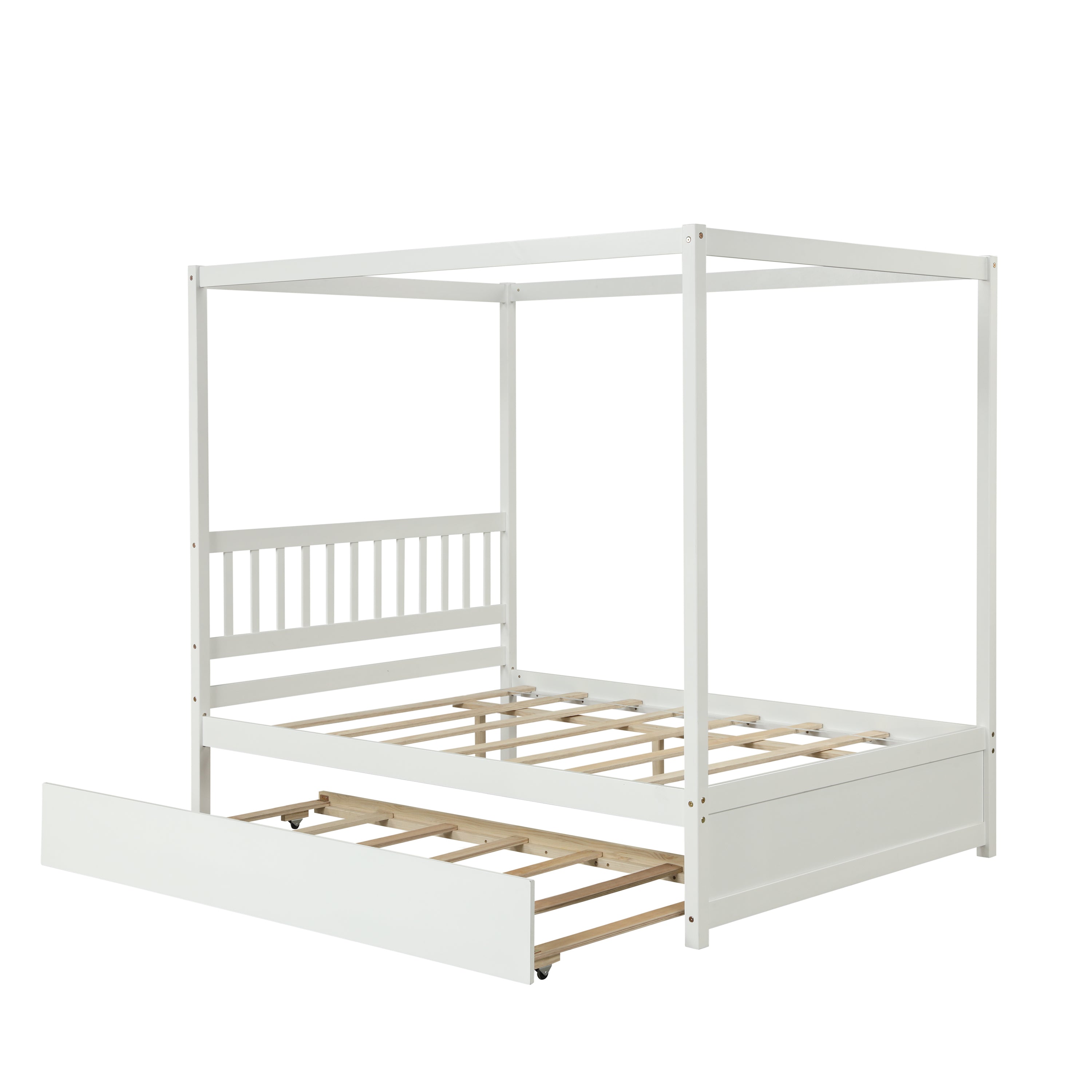 Full Size Canopy Bed with Twin Trundle, Kids Solid Wood Platform Bed Frame w/ Headboard, No Box Spring Needed White Color