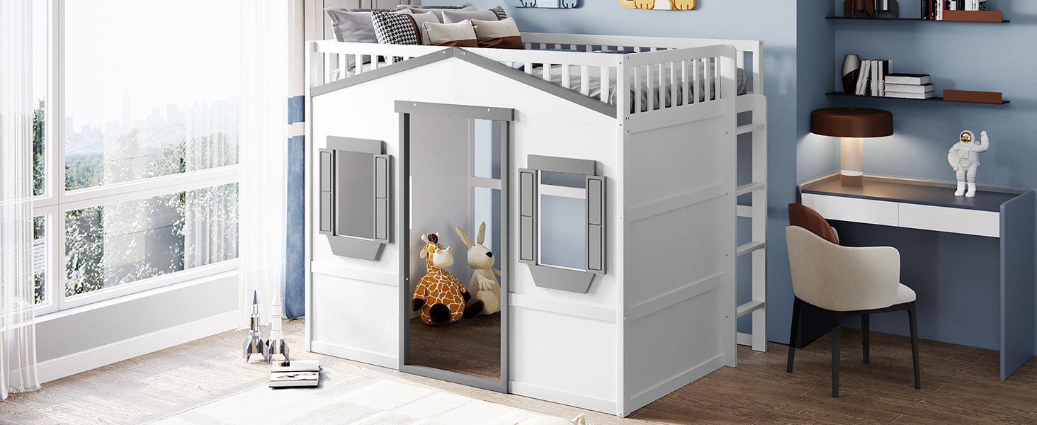 Full Size House Loft Bed With Ladder-White+Gray Frame - Atlantic Fine Furniture Melbourne FL