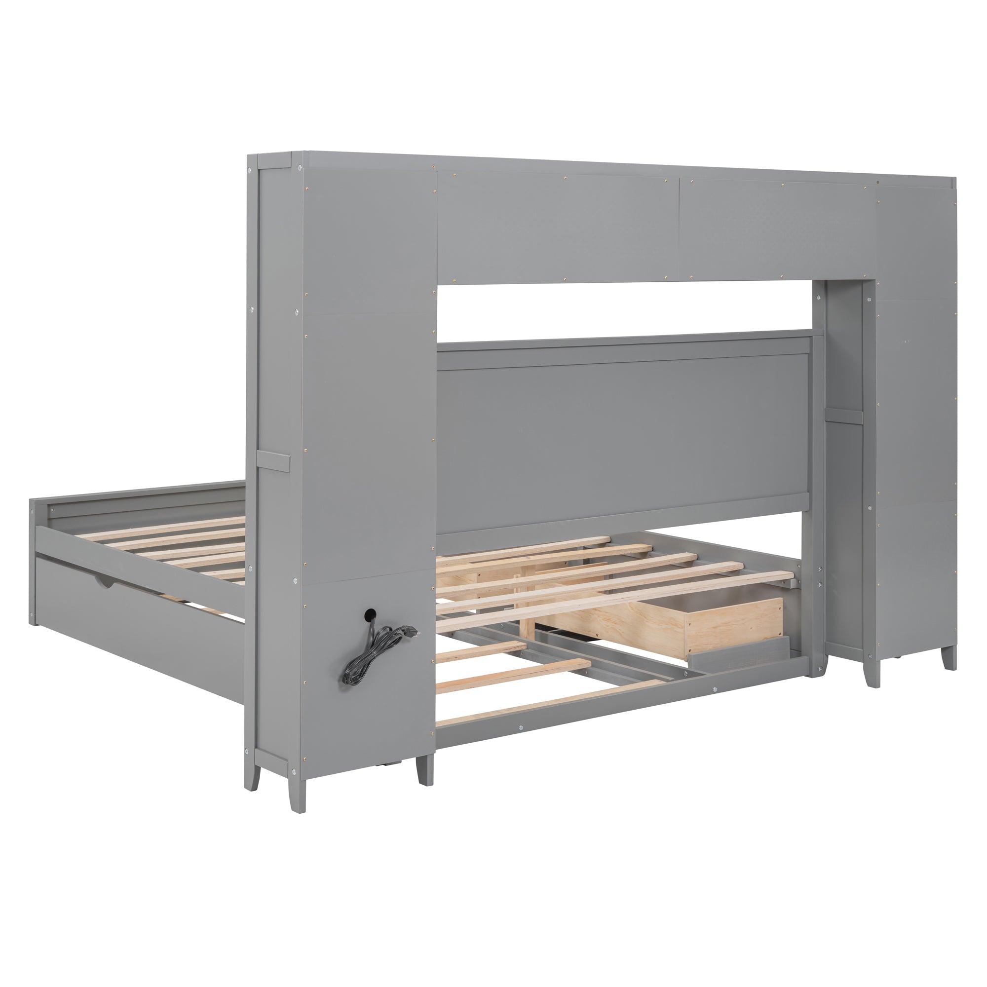 Queen Size Wooden Bed With All-in-One Cabinet, Shelf and Sockets, Gray - Atlantic Fine Furniture Melbourne FL