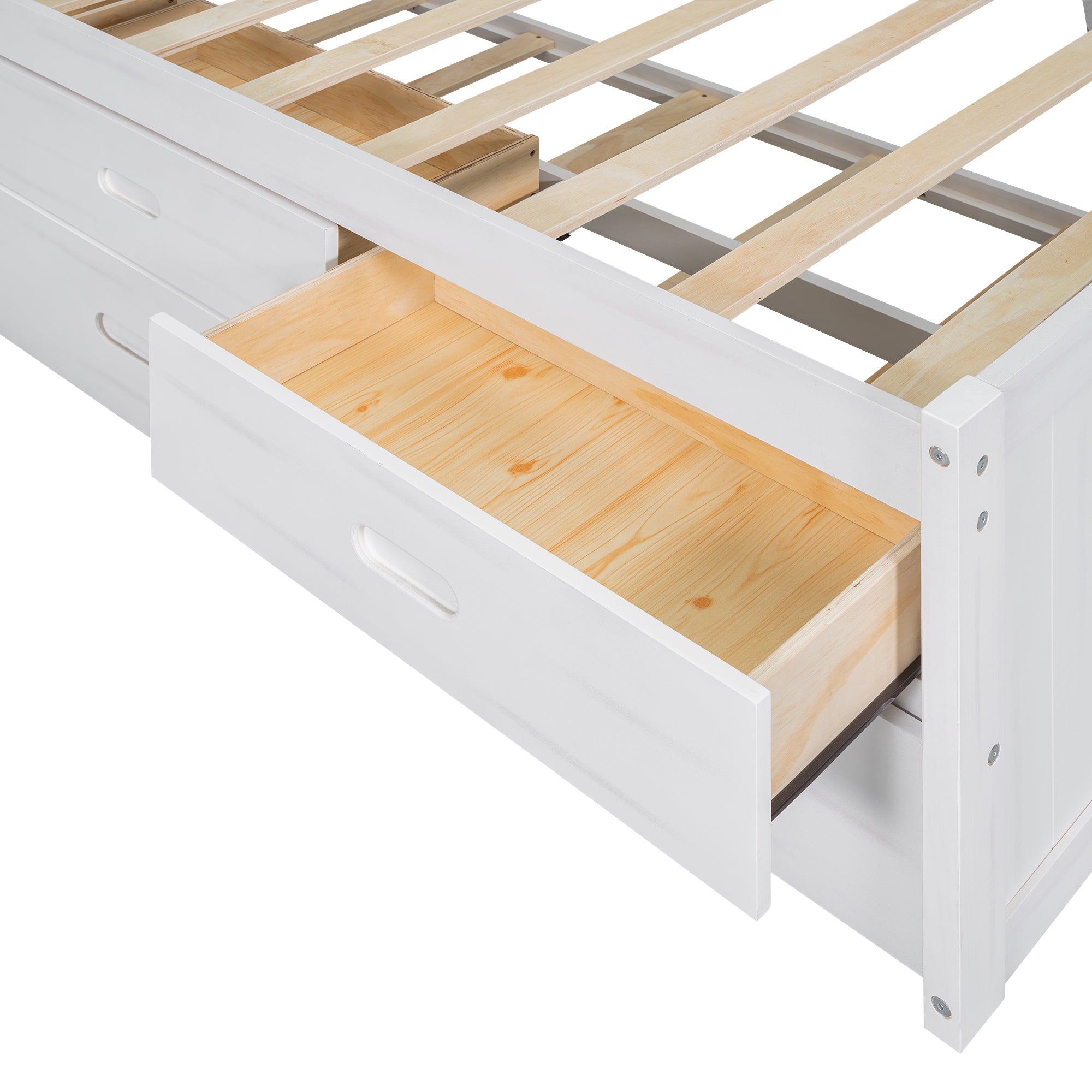 Twin Size Platform Bed with Storage Headboard, Charging Station, Twin Size Trundle and 3 Drawers, Antique White - Atlantic Fine Furniture Melbourne FL