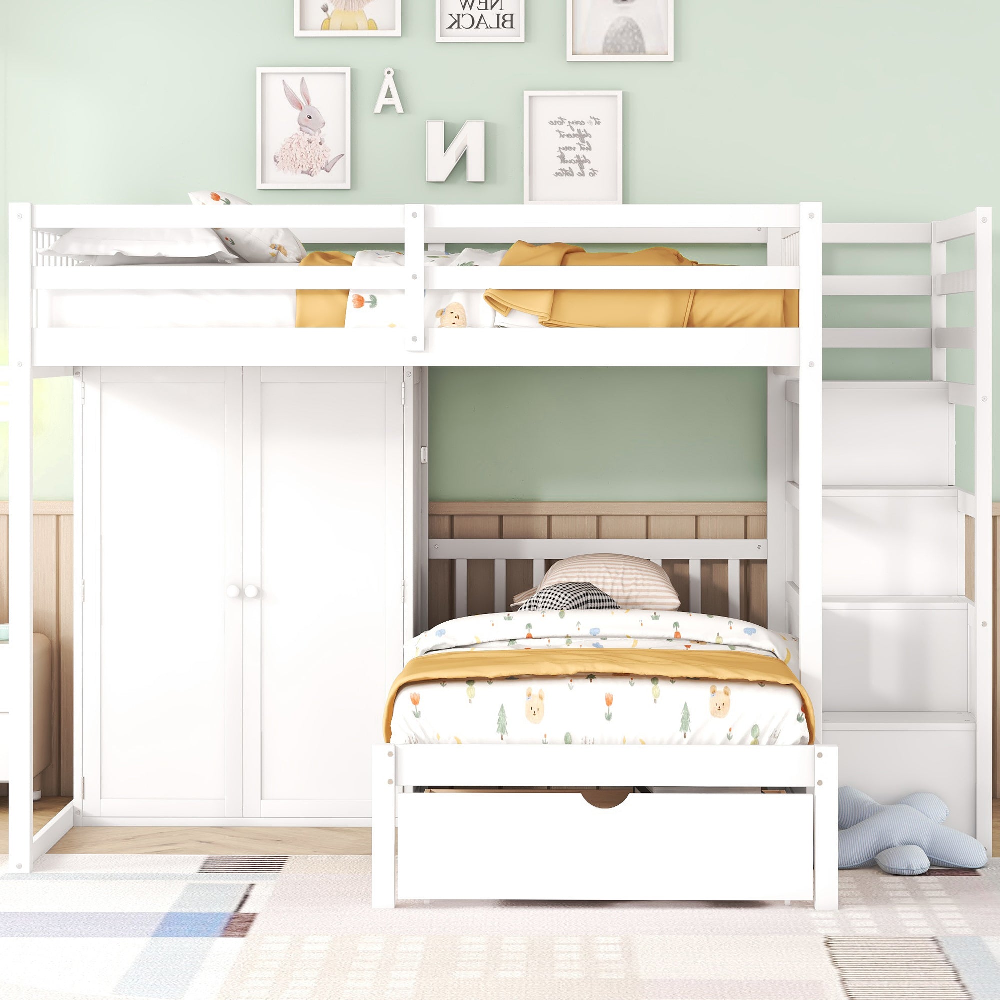 Full Over Twin Bunk Bed with Wardrobe, Drawers, White - Atlantic Fine Furniture Melbourne FL