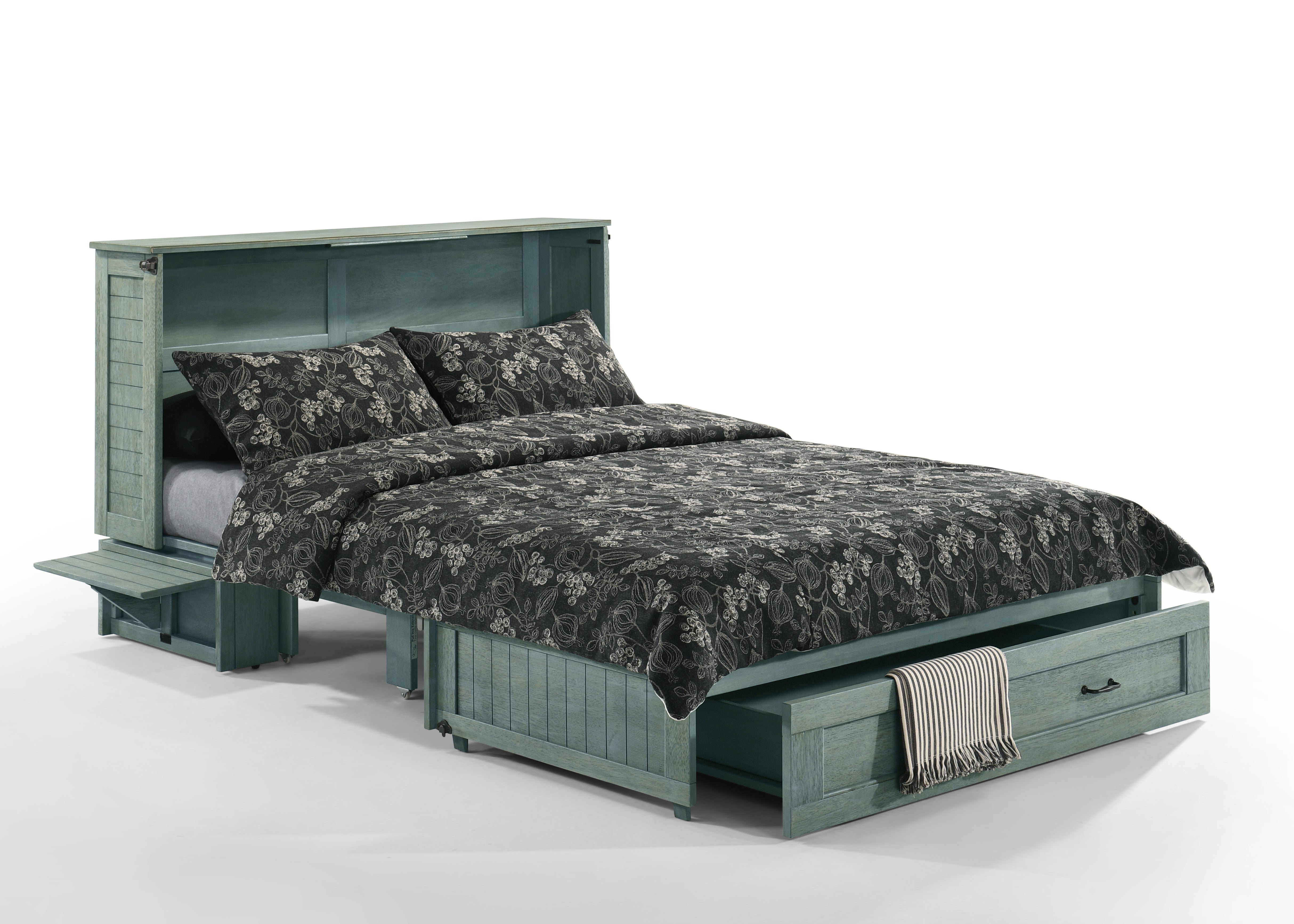 Cannes Murphy Cabinet Bed in Antique Blue, storage drawer open and trays up | Atlantic Fine Furniture, Melbourne FL
