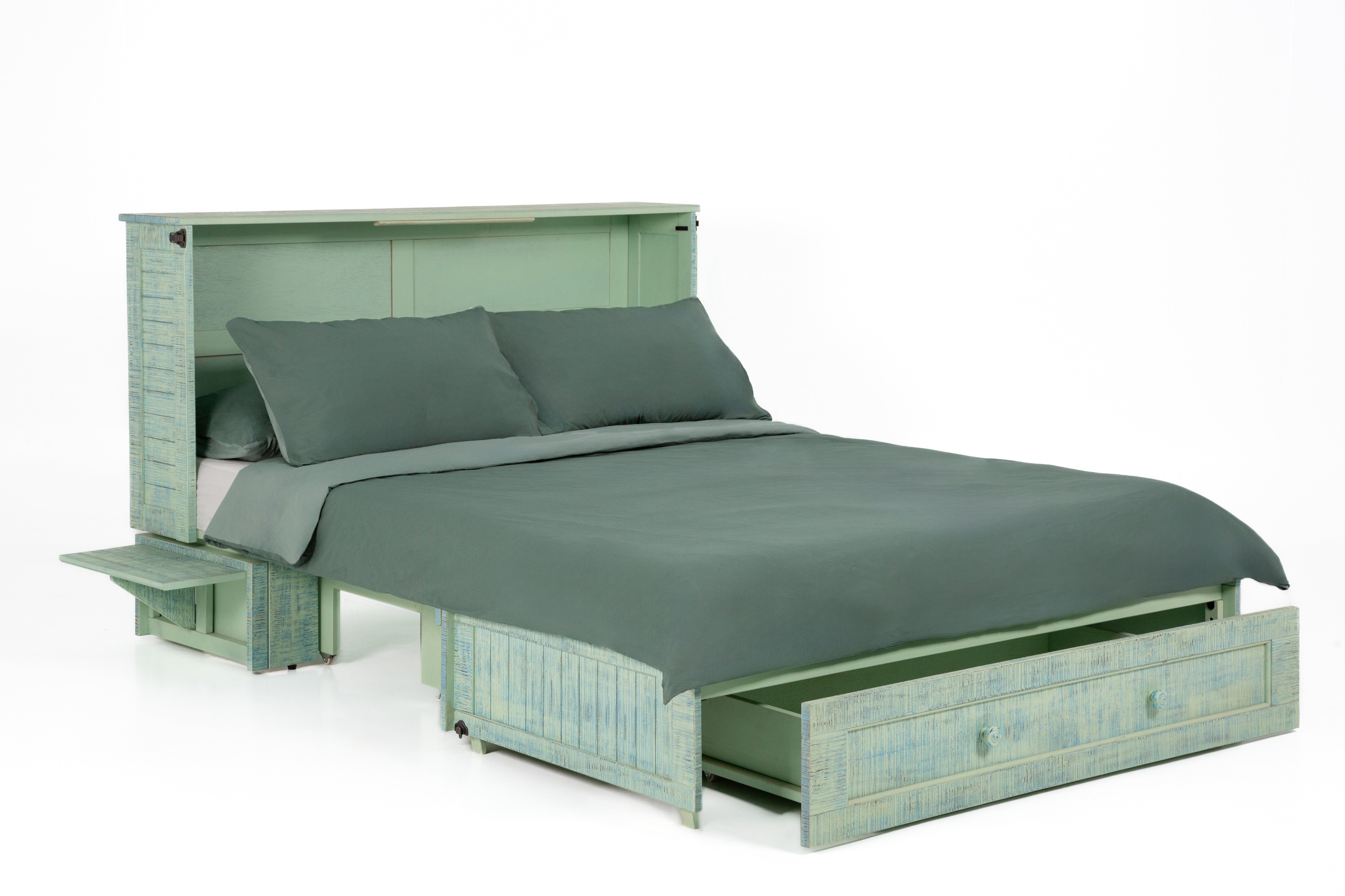 Cannes Murphy Cabinet Bed in Seafoam, open with storage drawer and folding trays up | Atlantic Fine Furniture, Melbourne FL