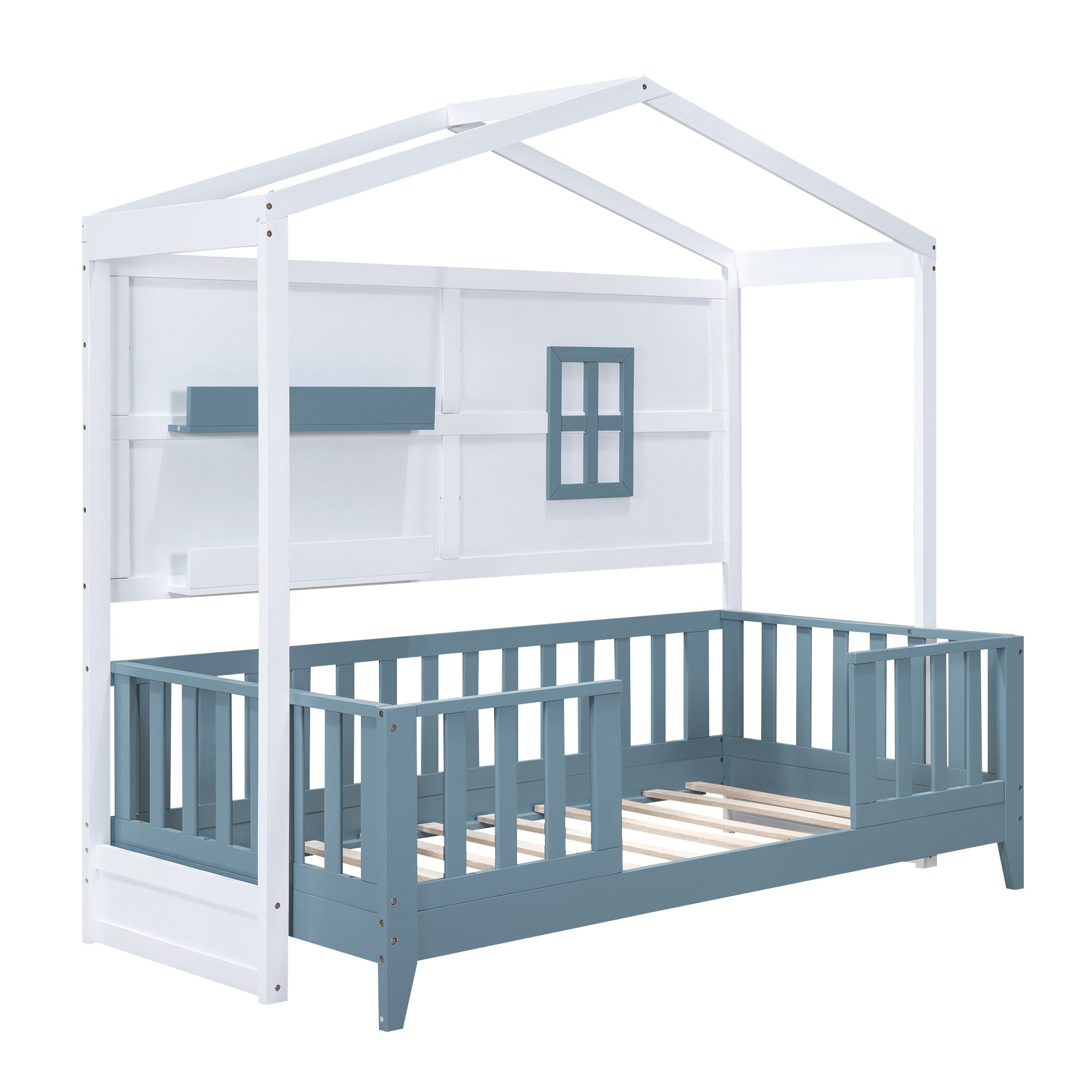 Twin Size Wood House Bed with 2 Shelves and Guardrail, White - Atlantic Fine Furniture Melbourne FL