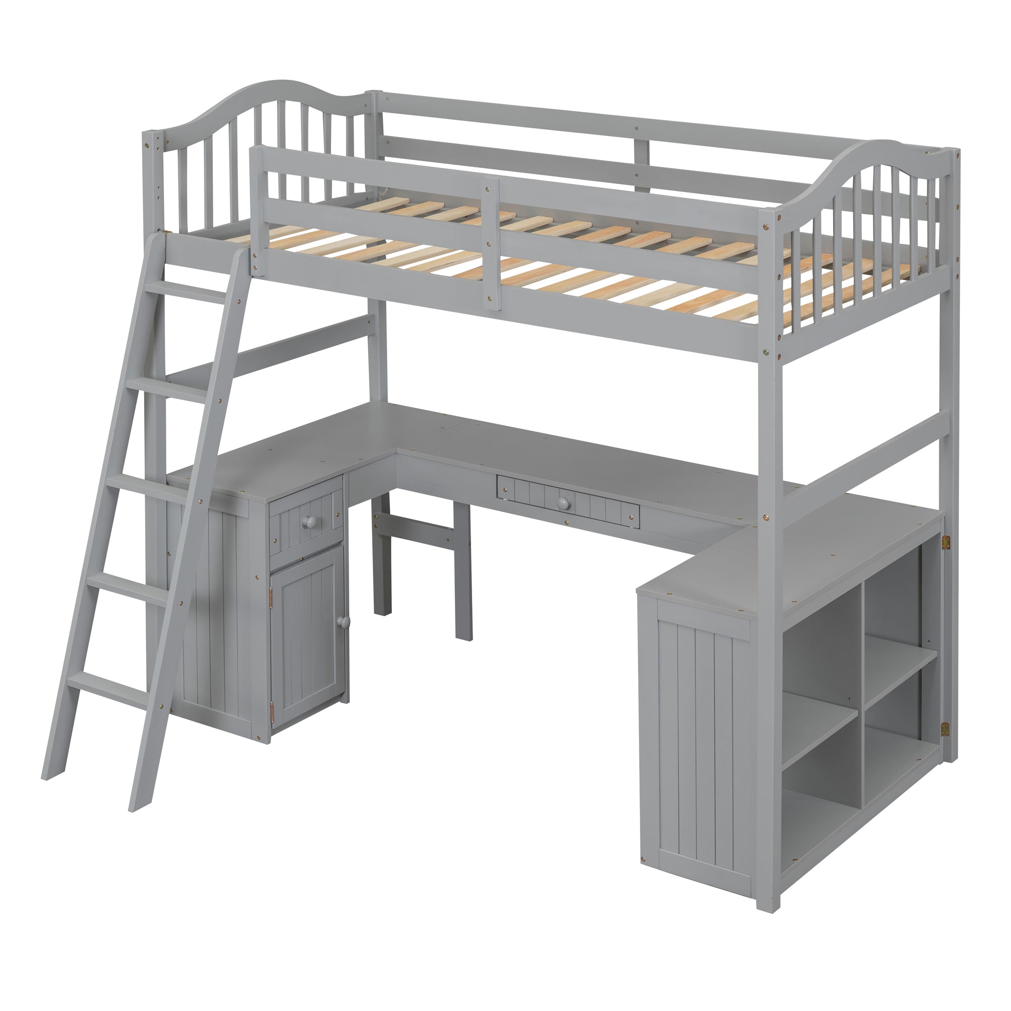 Twin size Loft Bed with Drawers, Cabinet, Shelves and Desk, Wooden Loft Bed with Desk - Gray(OLD SKU :LT000505AAE) - Atlantic Fine Furniture Melbourne FL
