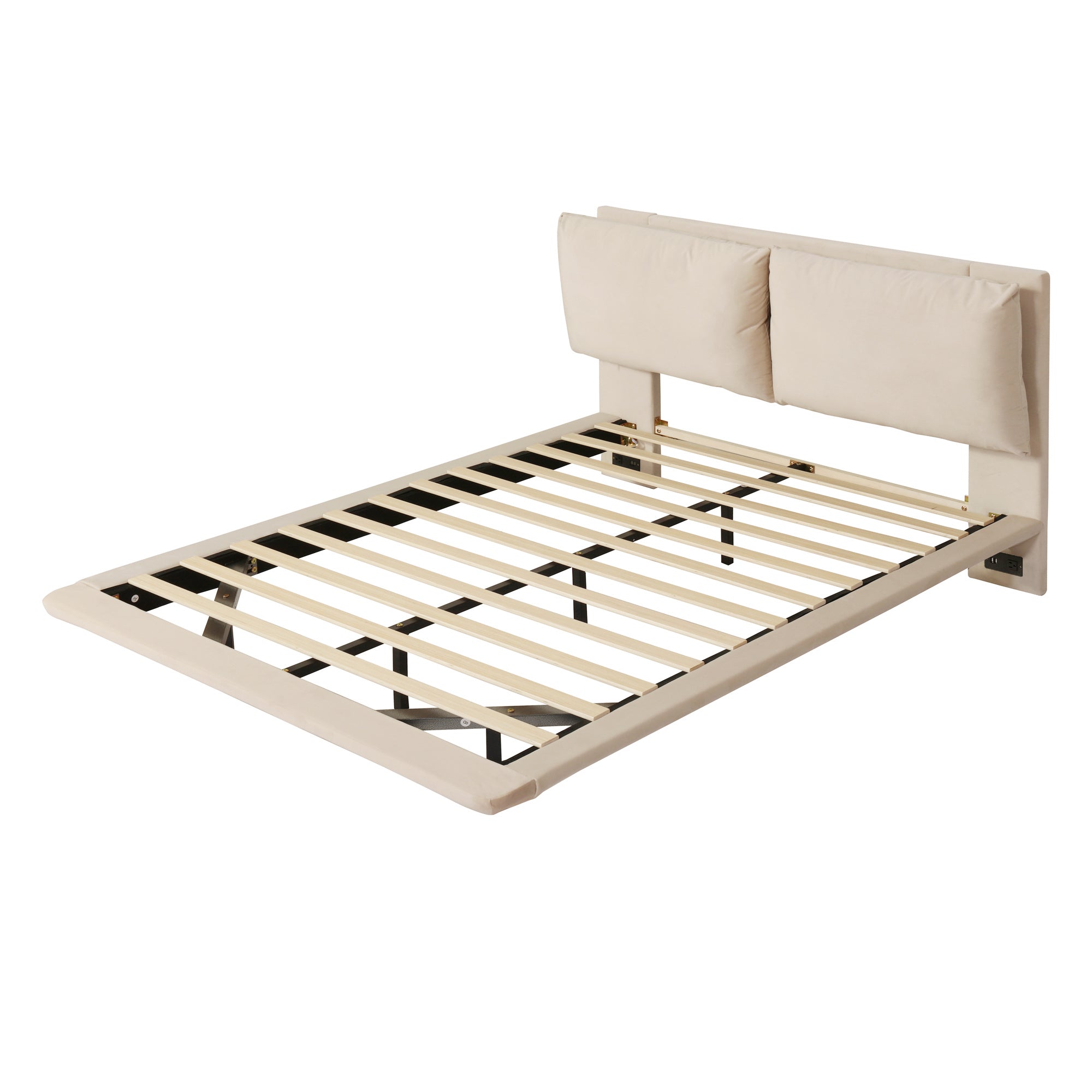 Queen Size Upholstered Platform Bed with Sensor Light and 2 Large Backrests, Stylish Platform Bed with 2 sets of USB Port and Socket on each rear Bed Leg, Beige - Atlantic Fine Furniture Melbourne FL