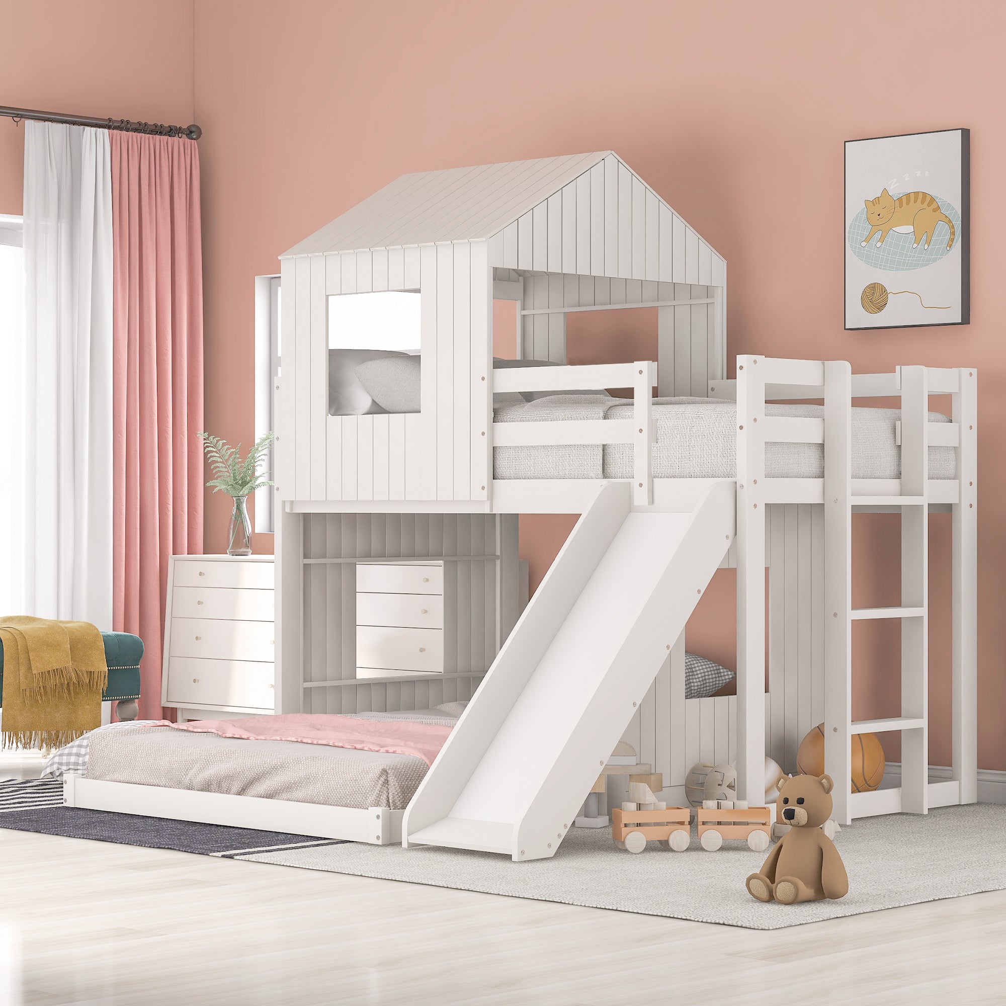 Wooden Twin Over Full Bunk Bed, Loft Bed with Playhouse, Farmhouse, Ladder, Slide and Guardrails, White(OLD SKU :LT000028AAK)
