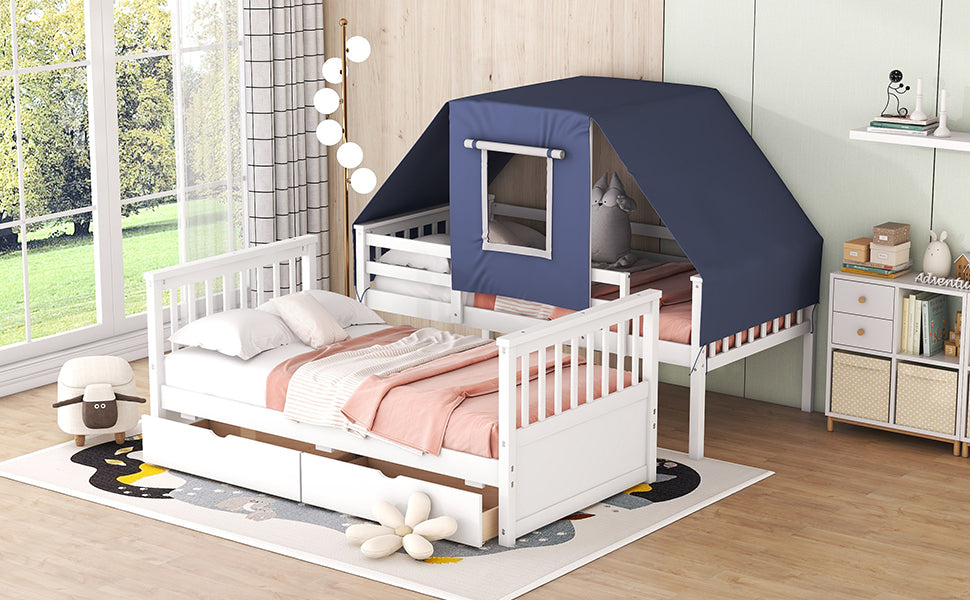 Twin Over Twin Bunk Bed Wood Bed with Tent and Drawers, White+Blue Tent - Atlantic Fine Furniture Melbourne FL