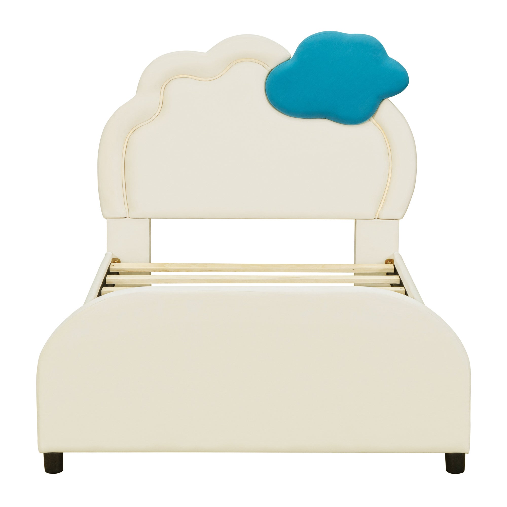 Twin Size Upholstered Platform Bed with Cloud-Shaped Headboard and Embedded Light Stripe, Velvet, Beige - Atlantic Fine Furniture Melbourne FL