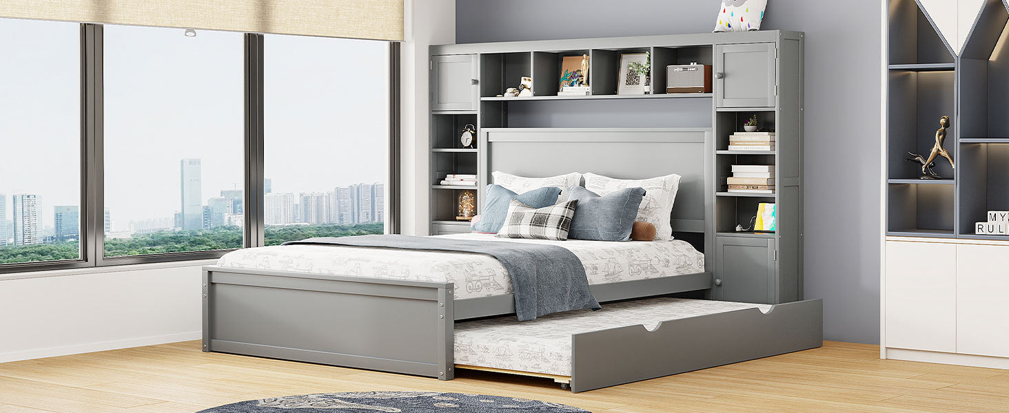 Queen Size Wooden Bed With All-in-One Cabinet, Shelf and Sockets, Gray - Atlantic Fine Furniture Melbourne FL